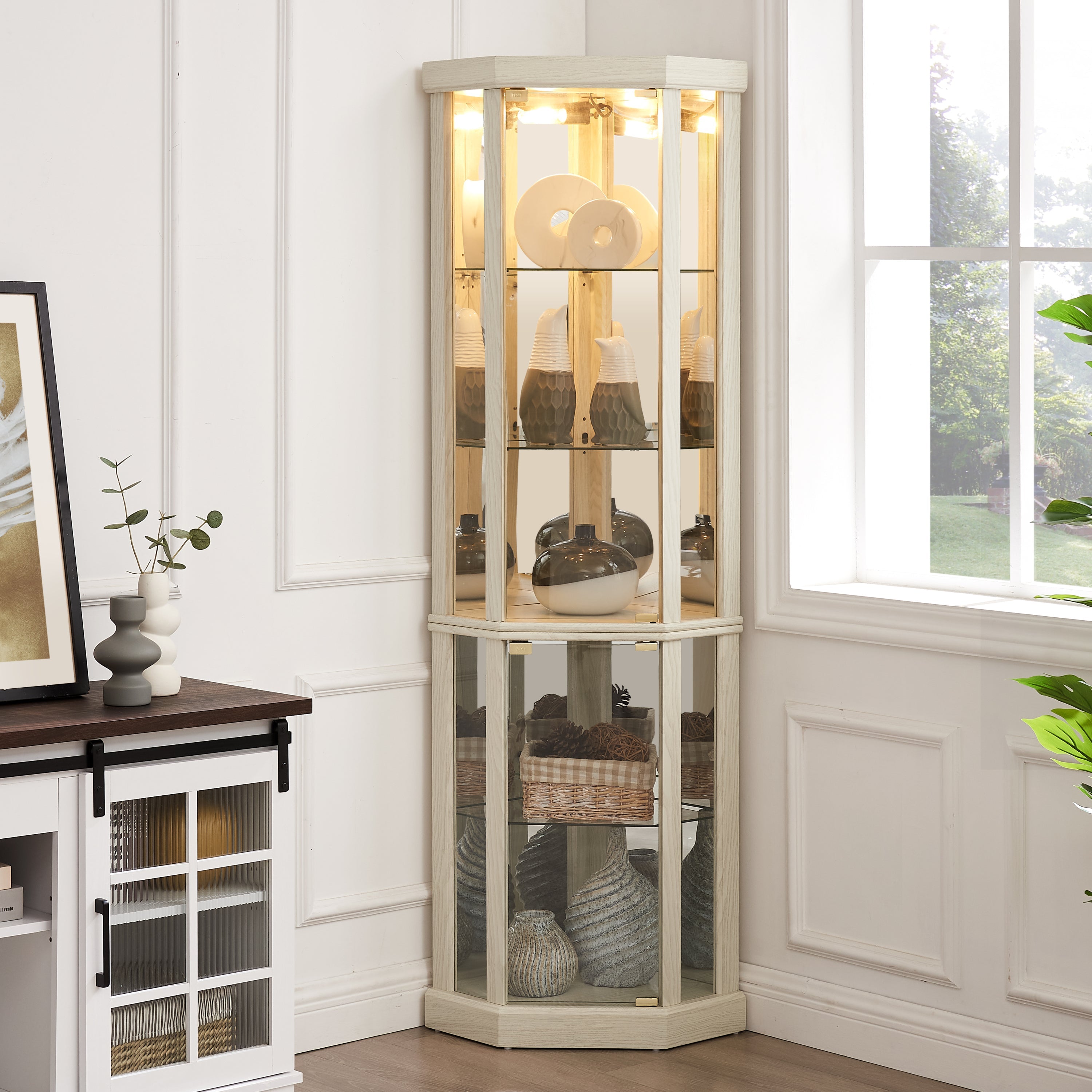 Lighted Corner Curio Cabinet - Elegant Glass Display Case for Living Room & Bar Storage - Perfect for Antique Collections & Wine - Includes Built-in Lighting - White