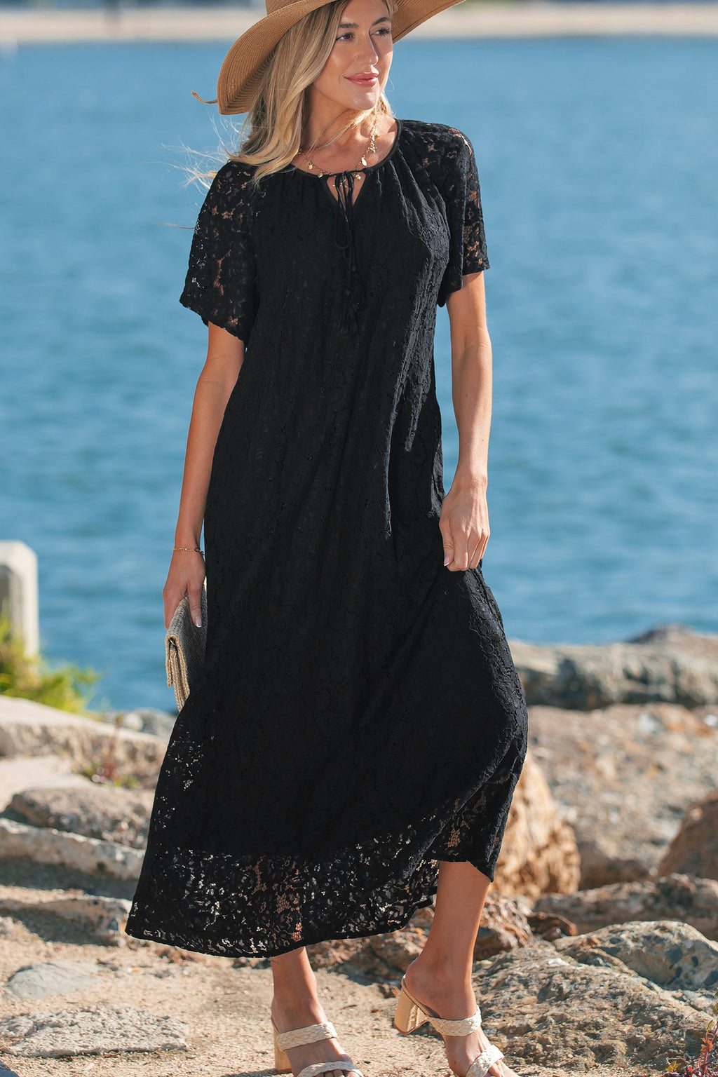 Lace Overlay Tassel Tie Short Sleeve Maxi Dress