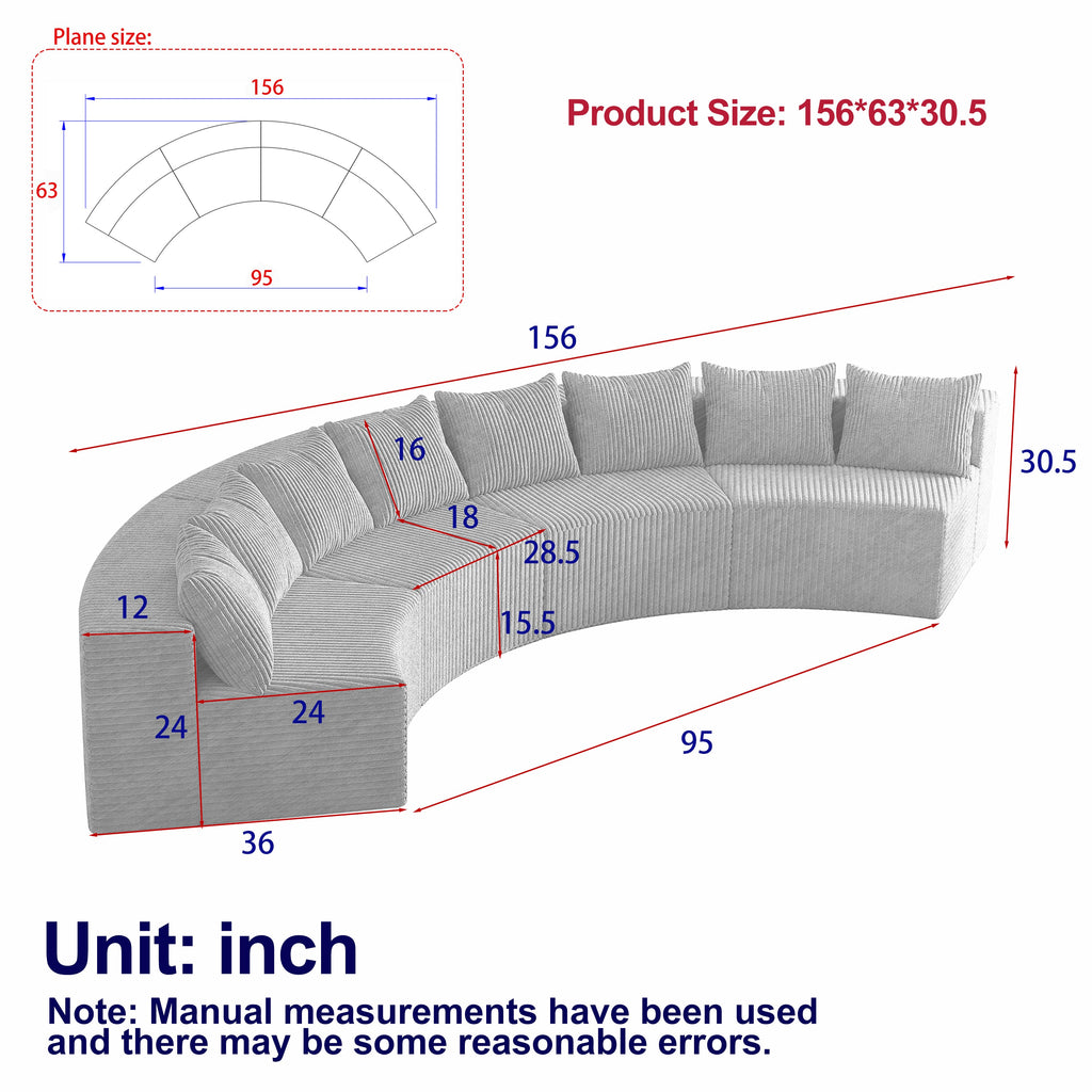 Corduroy curved sectional sofa with 8 pillows,Curved Symmetrical Modular Semi Circular Sofa Sectional for bedroom, living room, office for leisure or nap, reading room, and lobby(four modules)