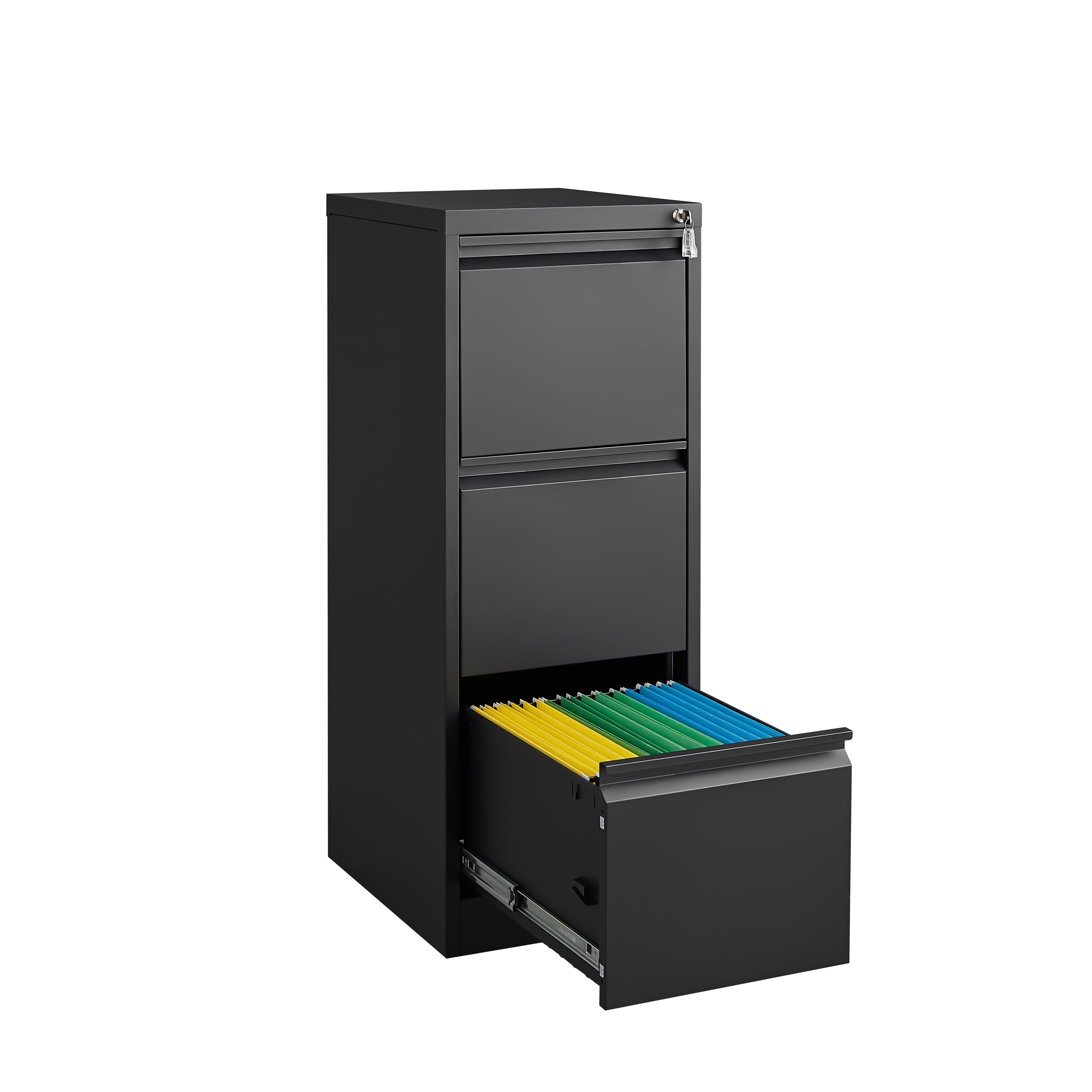 Durable Metal 3 Drawer File Cabinet with Lock for Office Storage, Black, 14.65x17.71x40.50 inches