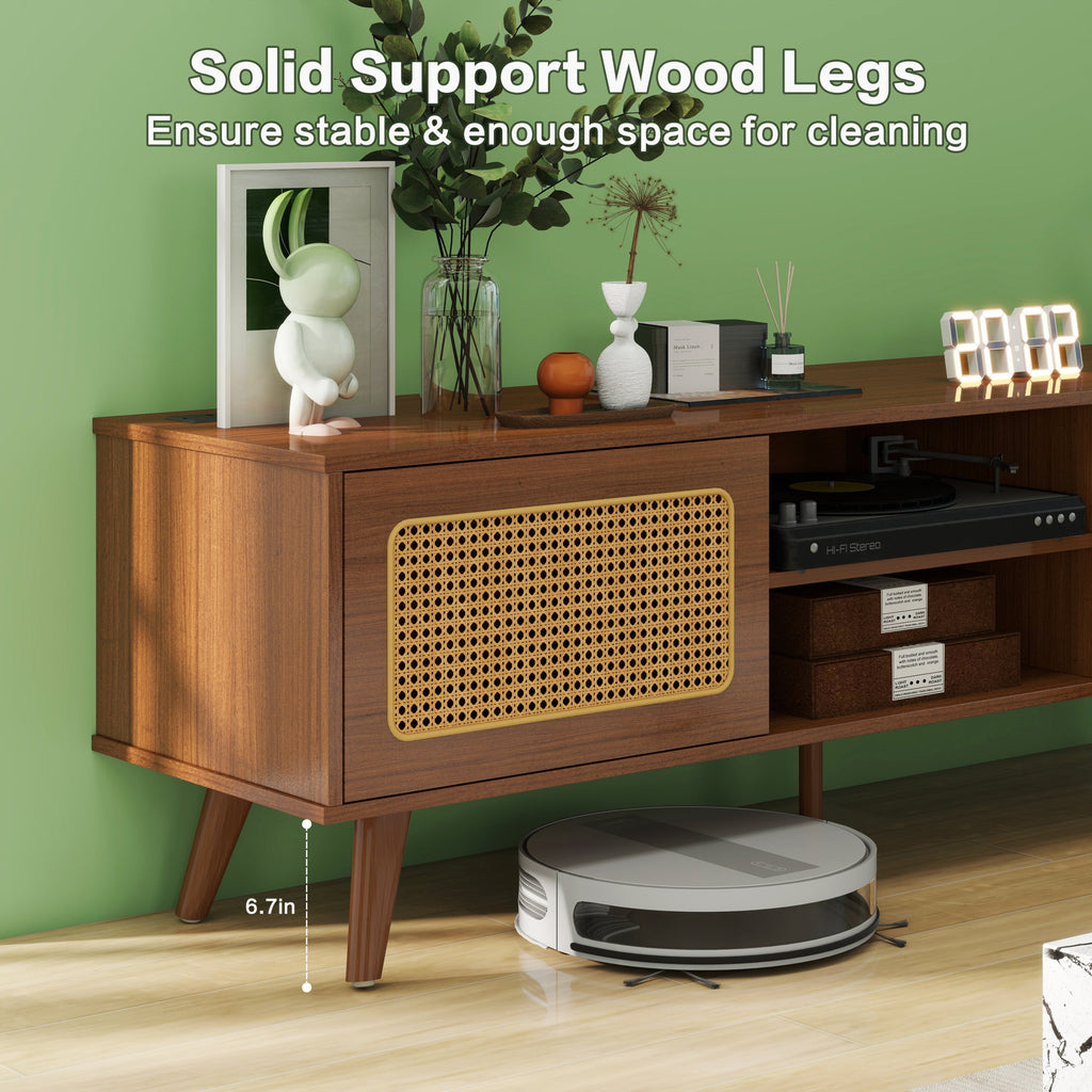 Mid Century Modern Rattan TV Stand for 55/60/65 inch TV , Entertainment Cabinet, Media Console for Living Room Bedroom Media Room, Solid Wood Feet & Rattan Cabinet Doors  (Walnut, 59')