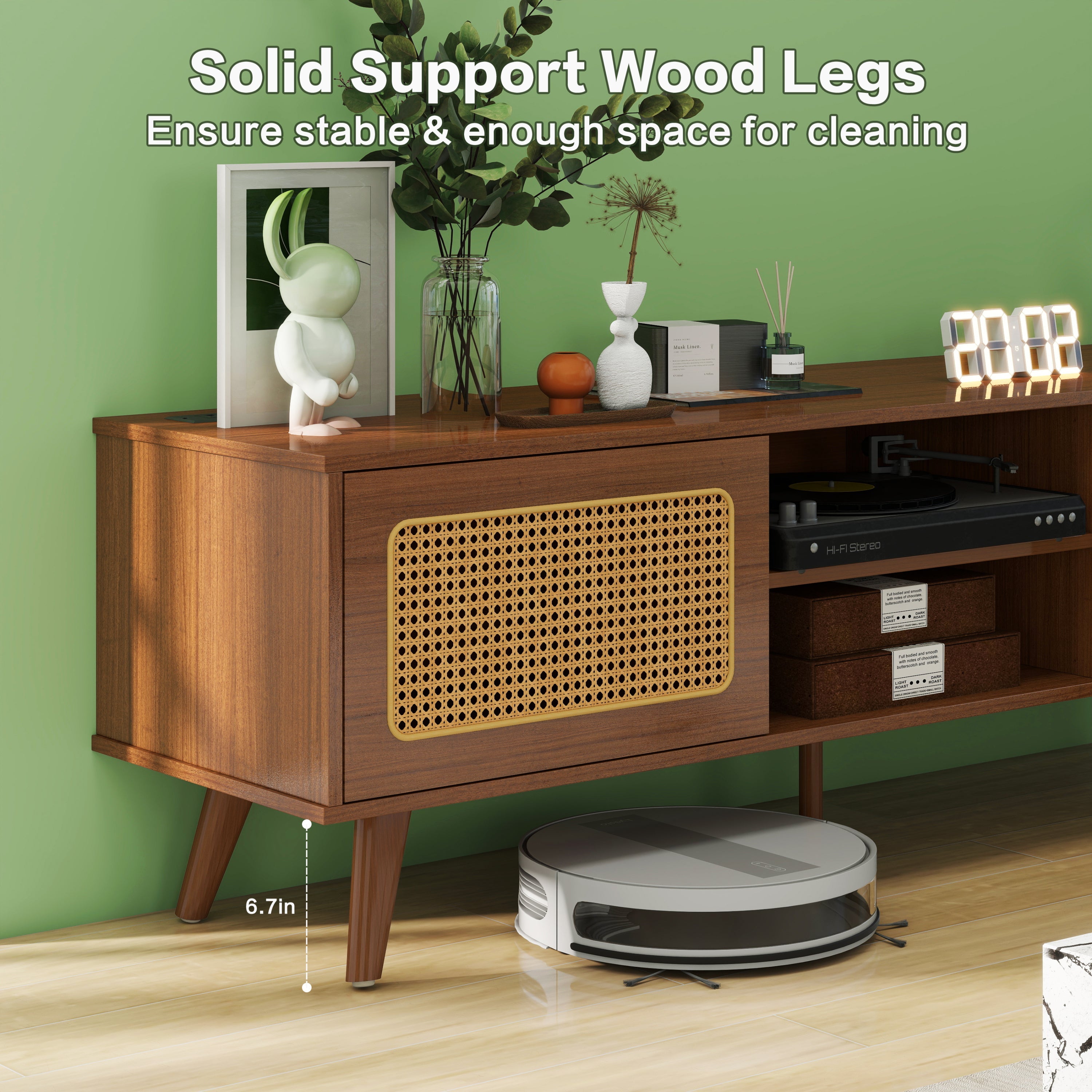 Mid Century Modern Rattan TV Stand for 55/60/65 inch TV , Entertainment Cabinet, Media Console for Living Room Bedroom Media Room, Solid Wood Feet & Rattan Cabinet Doors  (Walnut, 59')