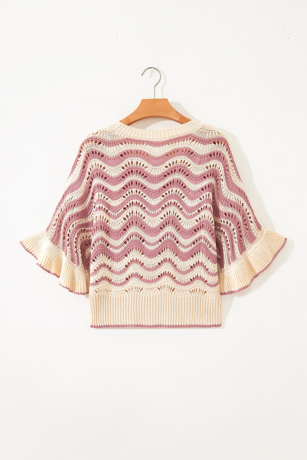 Wavy Stripe Ruffle 3/4 Sleeve Crochet Sweater