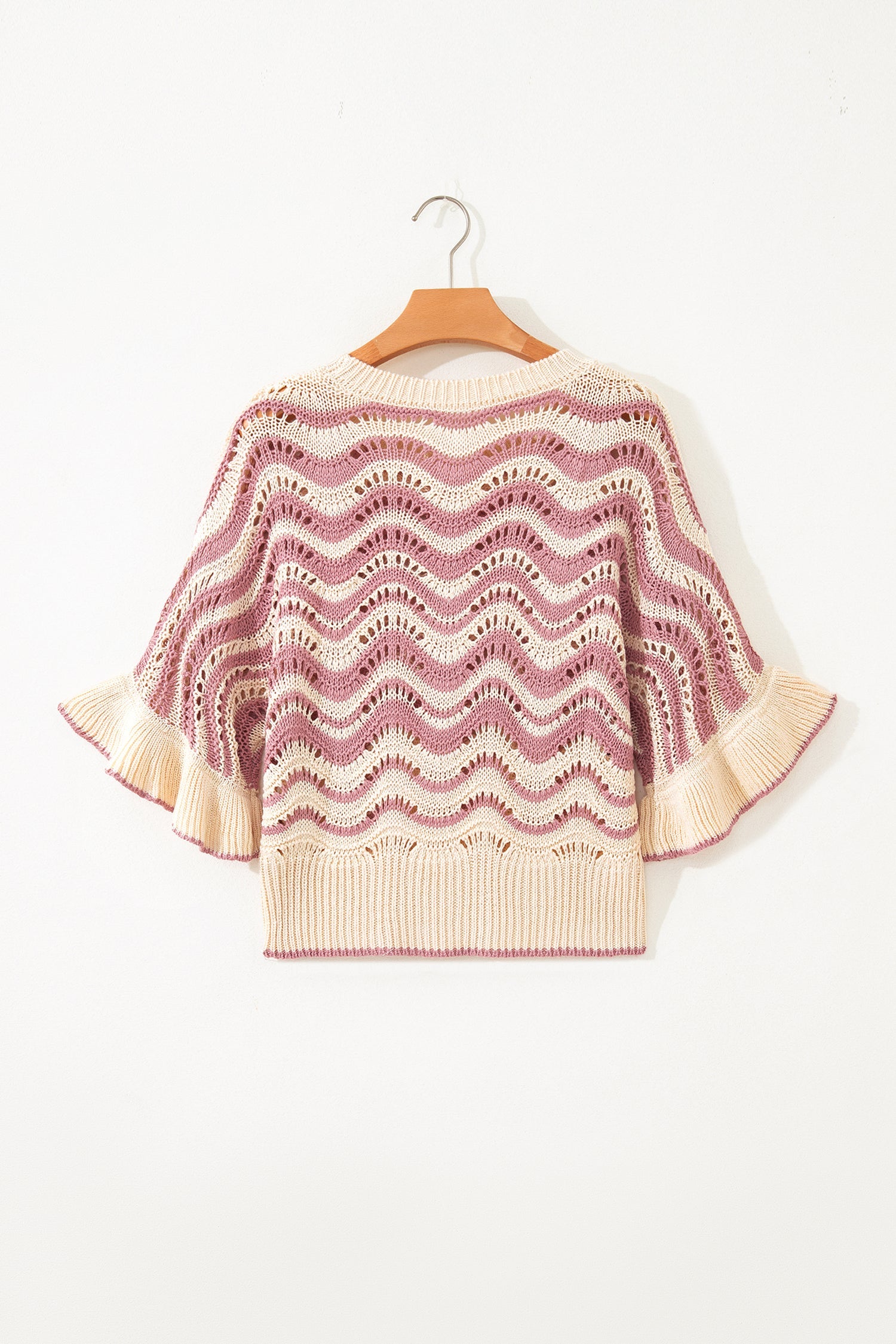 Wavy Stripe Ruffle 3/4 Sleeve Crochet Sweater