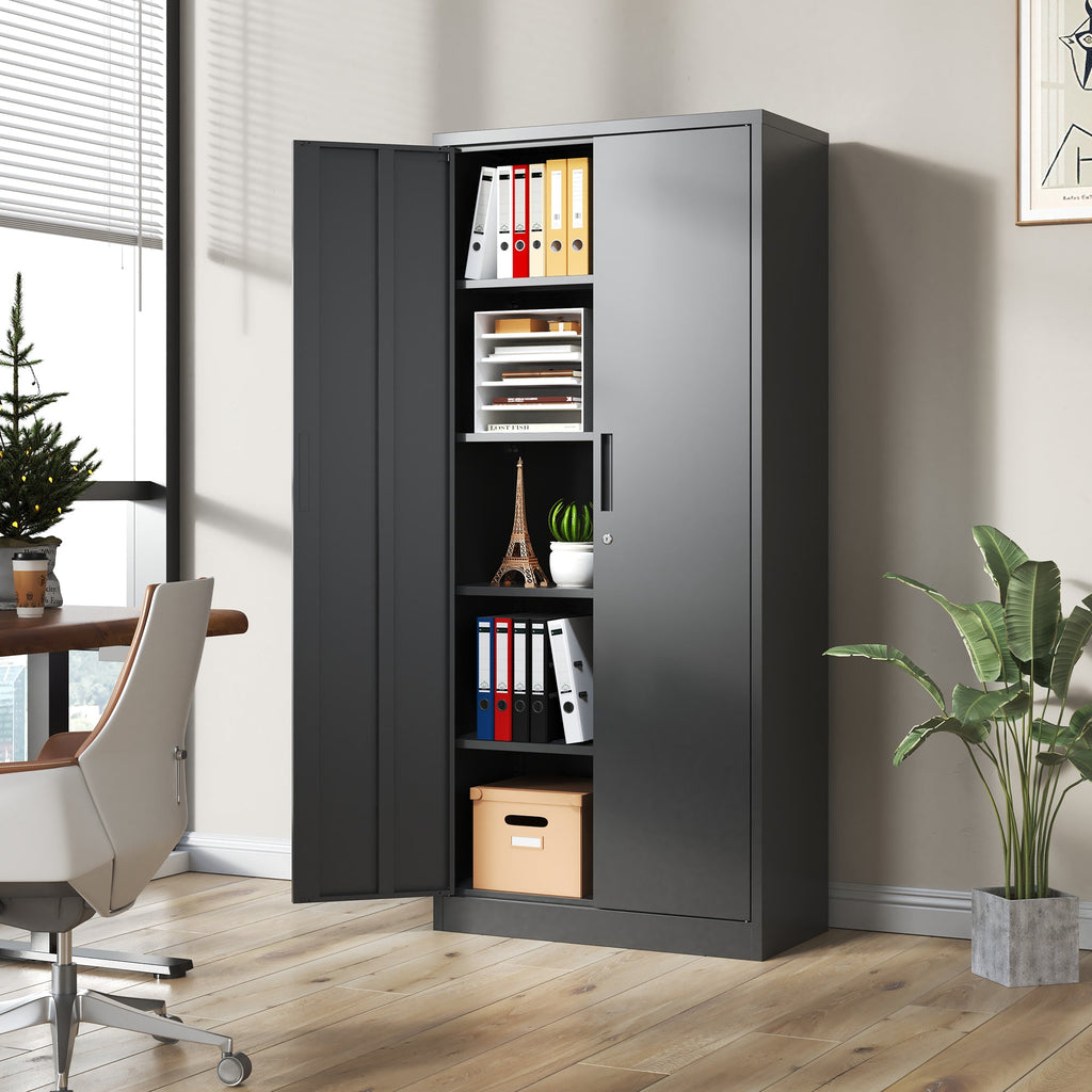 Heavy Metal 72'H Garage Storage Cabinet with Locking Doors, Black Steel, Adjustable Shelves