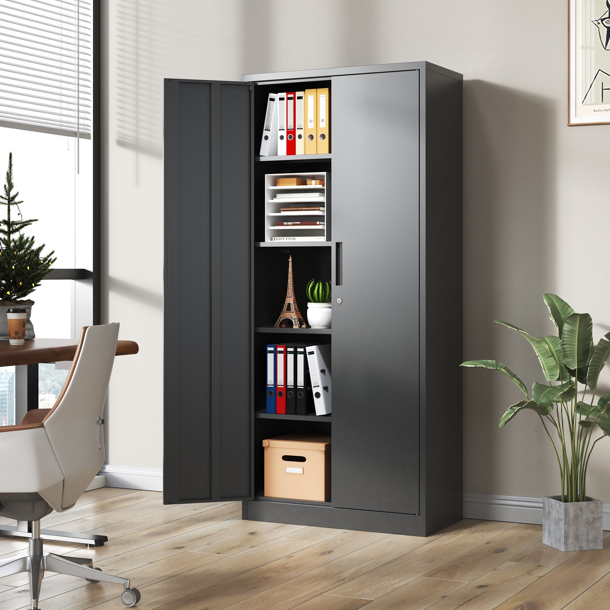 Heavy Metal 72'H Garage Storage Cabinet with Locking Doors, Black Steel, Adjustable Shelves