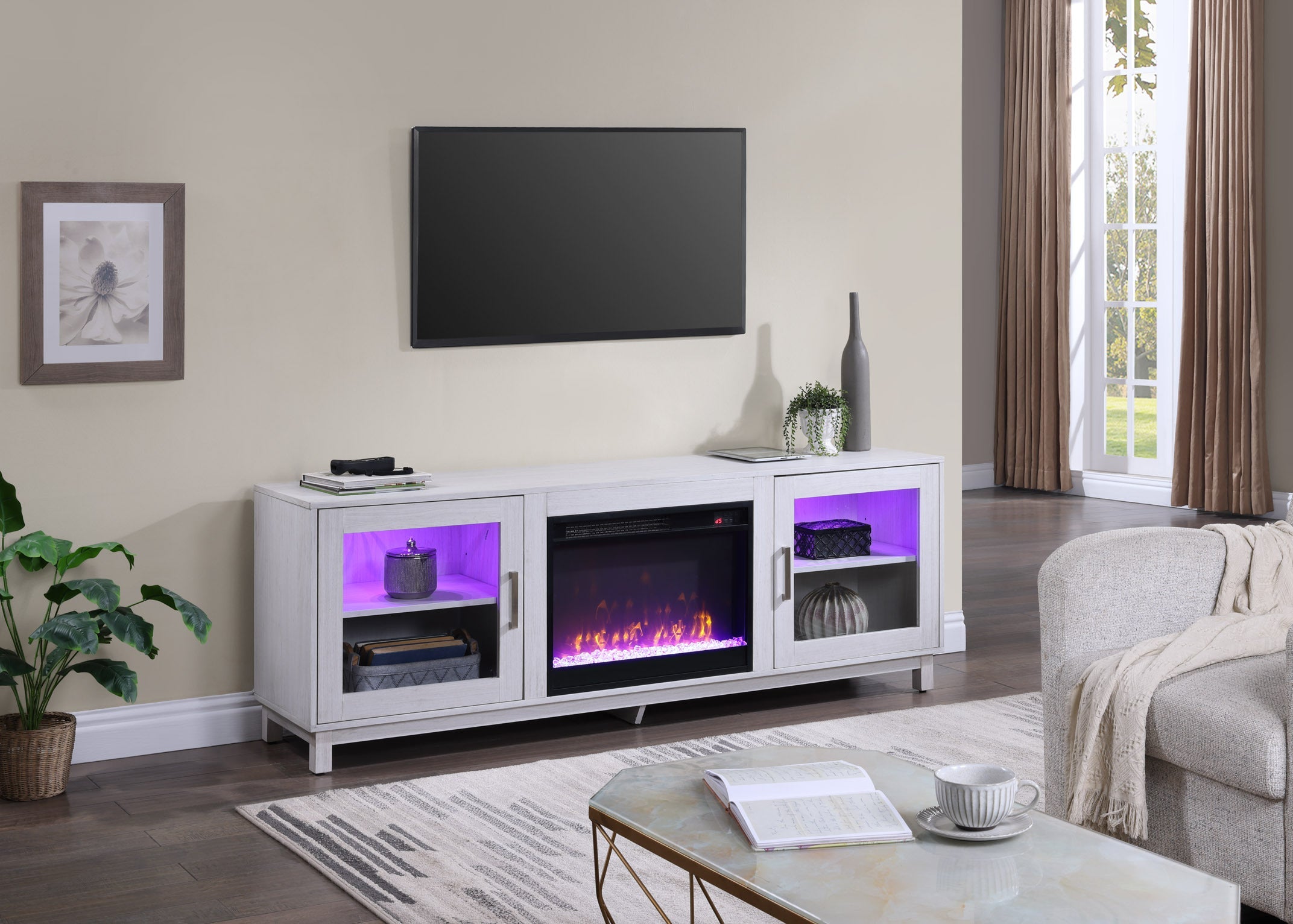 Summit 70' White Walnut Finish TV Stand Console with Fireplace, Heater