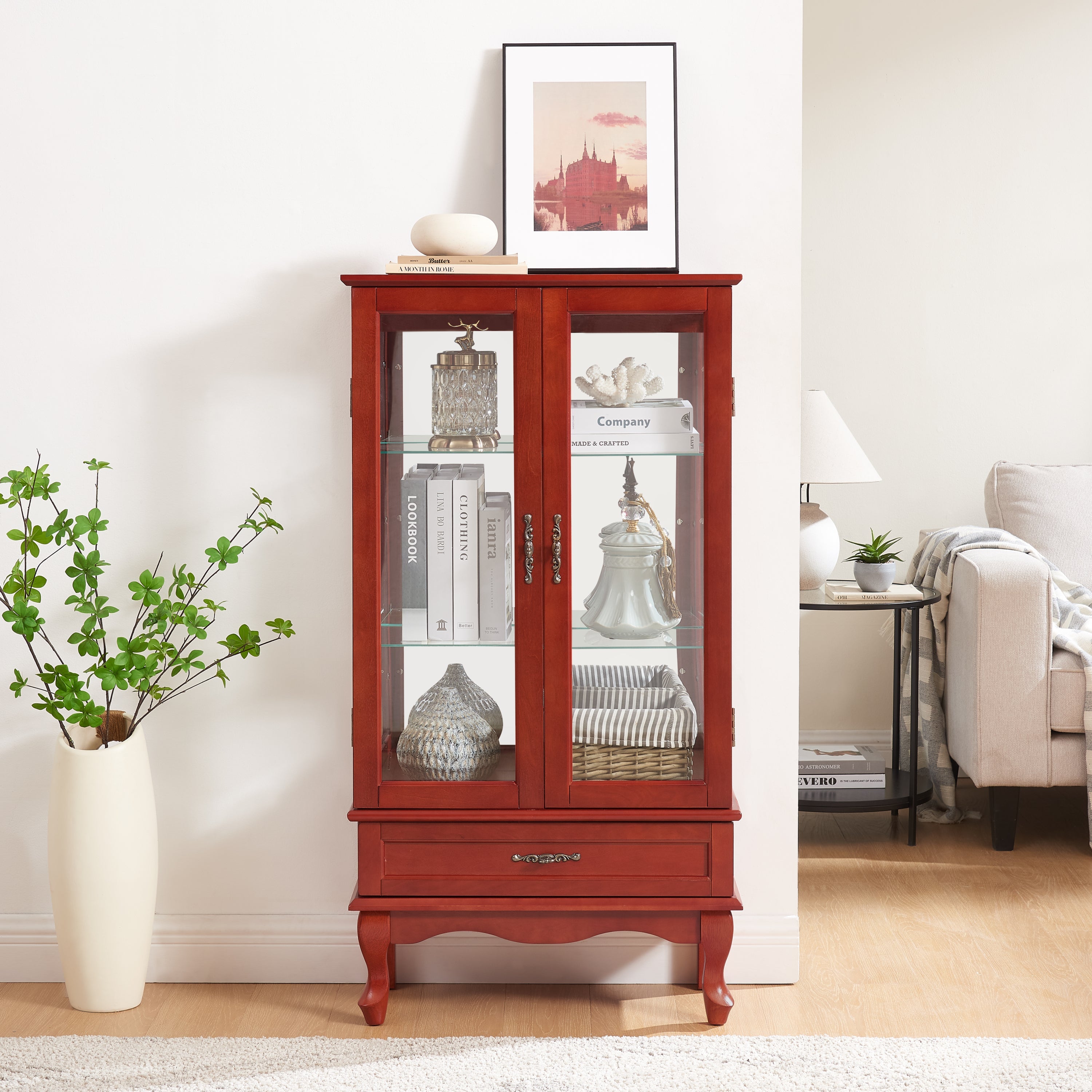 Lighted Glass Display Cabinet Glass Wine Cabinet Curio Display Cabinet with Adjustable Glass Shelves Two Doors and One Drawer Bulb Included for Home Decor and Storage-CHERRY