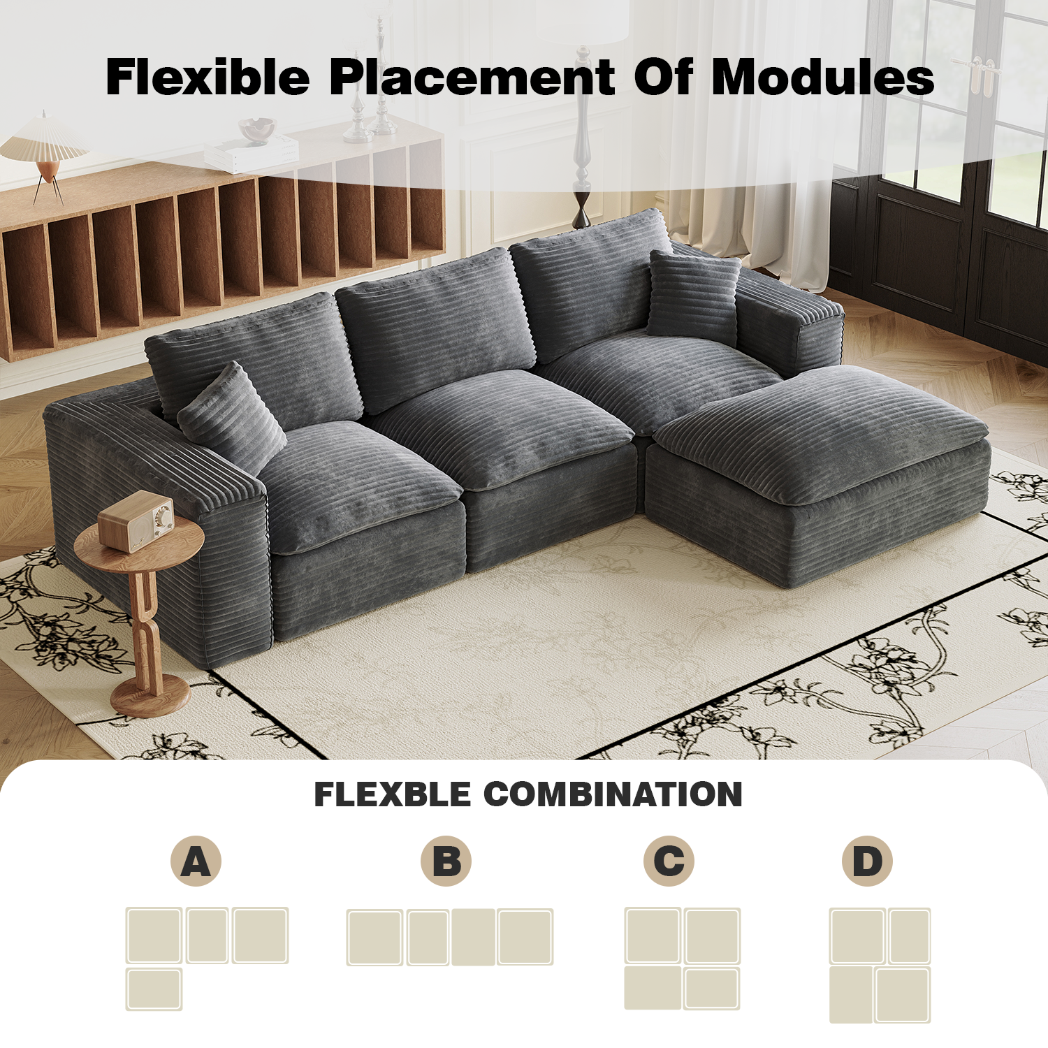 108' Cloud Sectional Couch with L-Shape Chaise, Left-right interchangeable,Modern Modular Sofa with Deep Seat, Upholstered Couches for Living Room Bedroom,No Assembly Required, Soft Plush Corduroy Fab