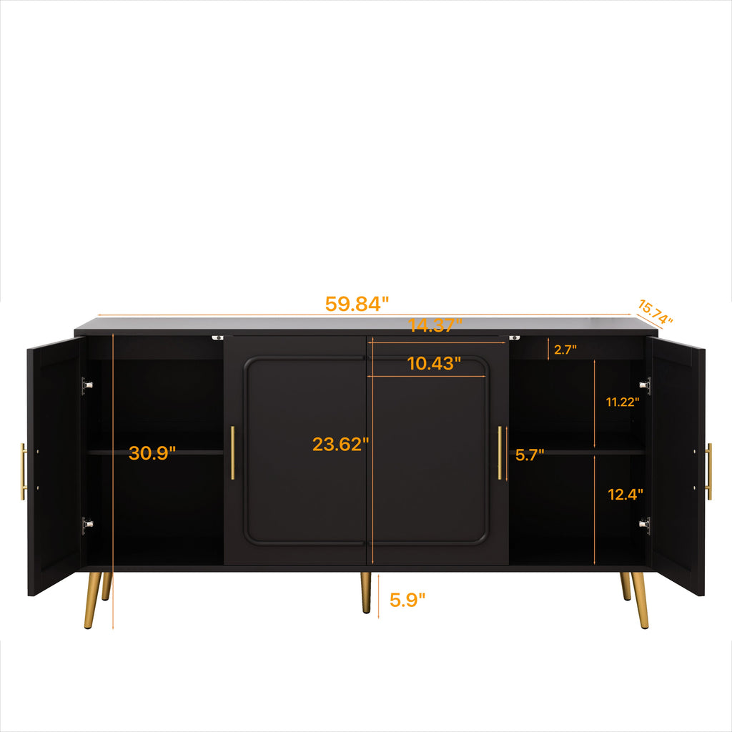 59.84' Vintage Four-Door Cabinet, Plastic Rattan, Suitable For Living Room, Dining Room, Bedroom(Black)
