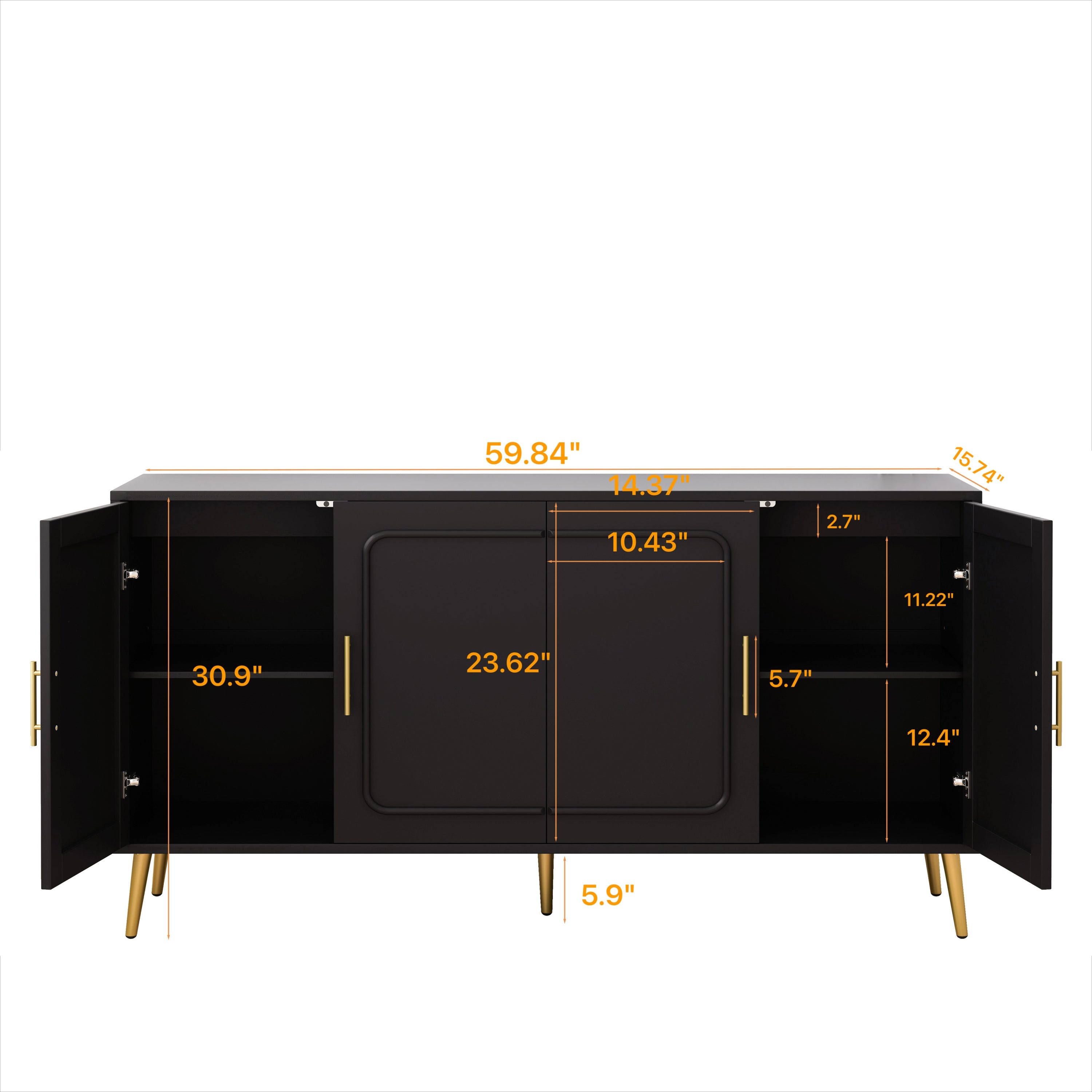 59.84' Vintage Four-Door Cabinet, Plastic Rattan, Suitable For Living Room, Dining Room, Bedroom(Black)