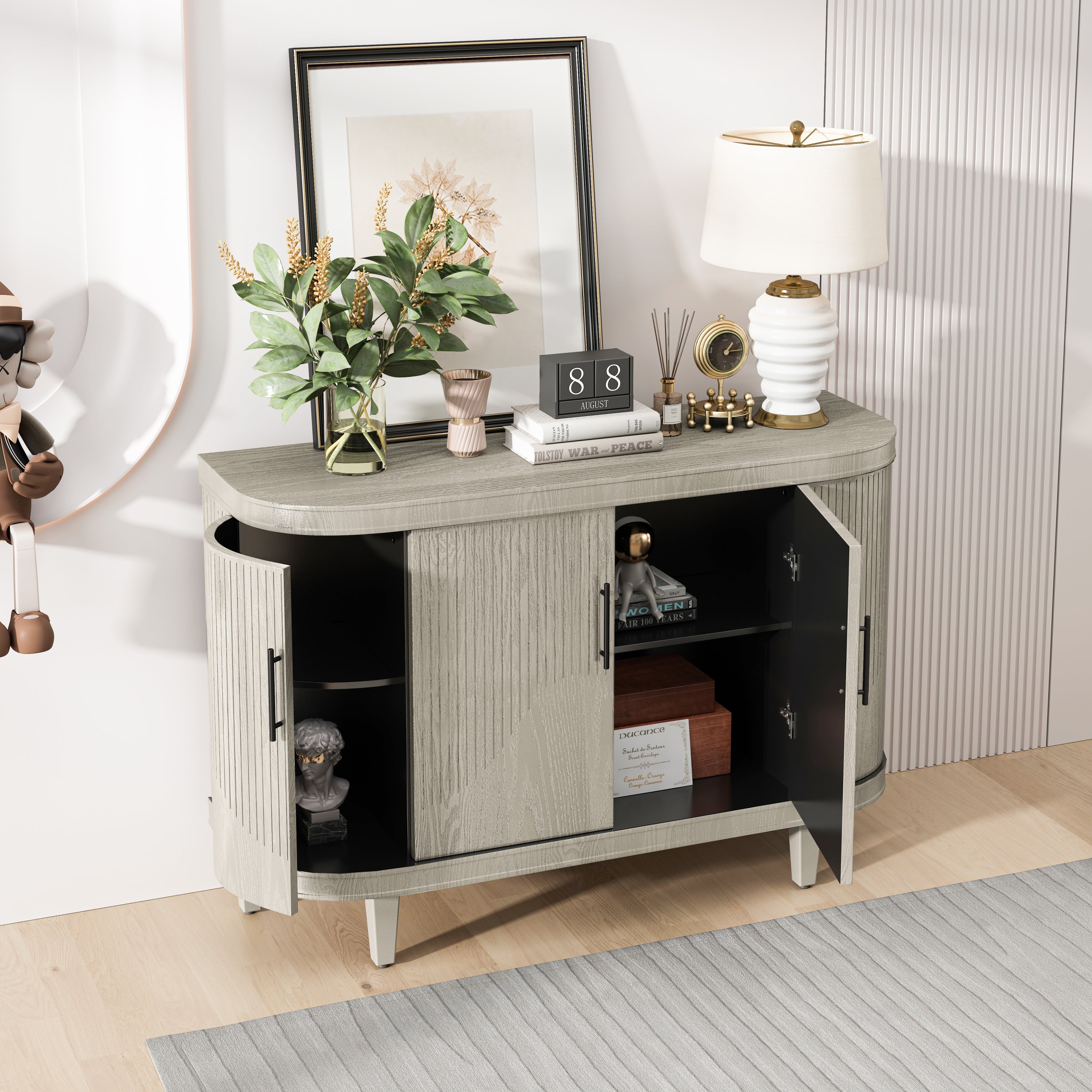 Modern Curved Sideboard 47.2-Inch Decorative Storage Cabinet Wooden Console Table Coffee Bar Cabinet with 4 Doors and Adjustable Interior Shelves for Living Room, Kitchen, Bedroom, Hallway (Champagne)