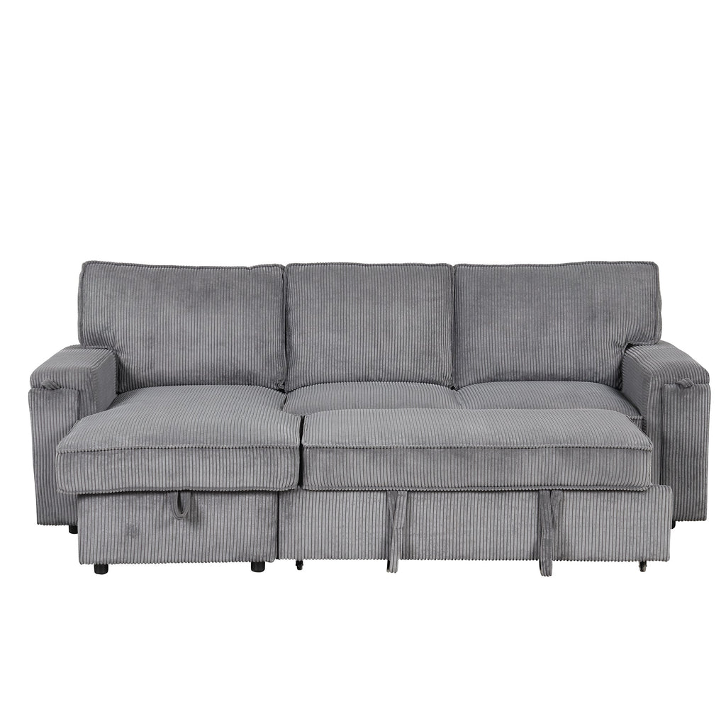 U_STYLE Upholstery Sleeper Sectional Sofa with Storage Bags and 2 cup holders  on Arms