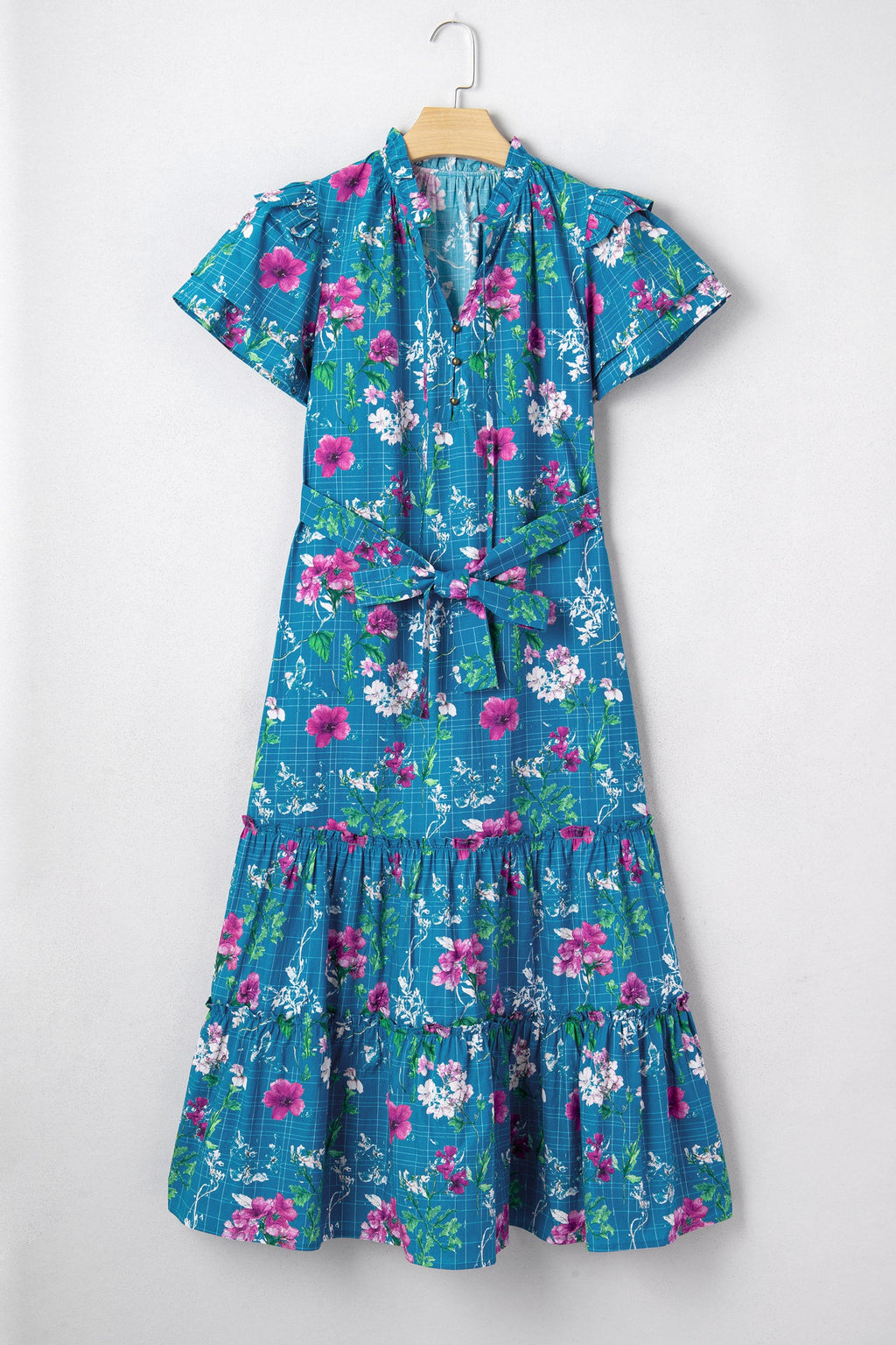 Floral Flutter Sleeve Tie Neck Belted Midi Dress