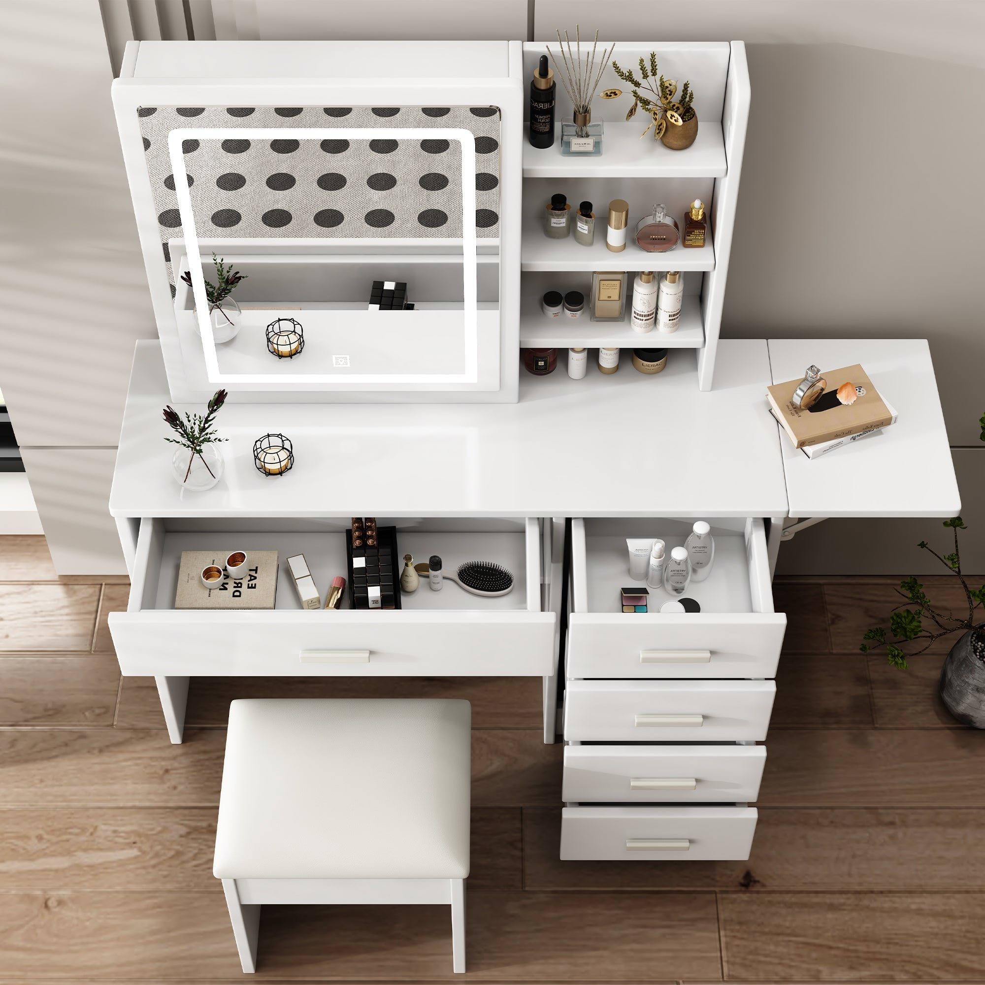 Fashion Vanity Desk with Mirror and Lights for Makeup, White MDF, 5 Drawers, Adjustable Lighting