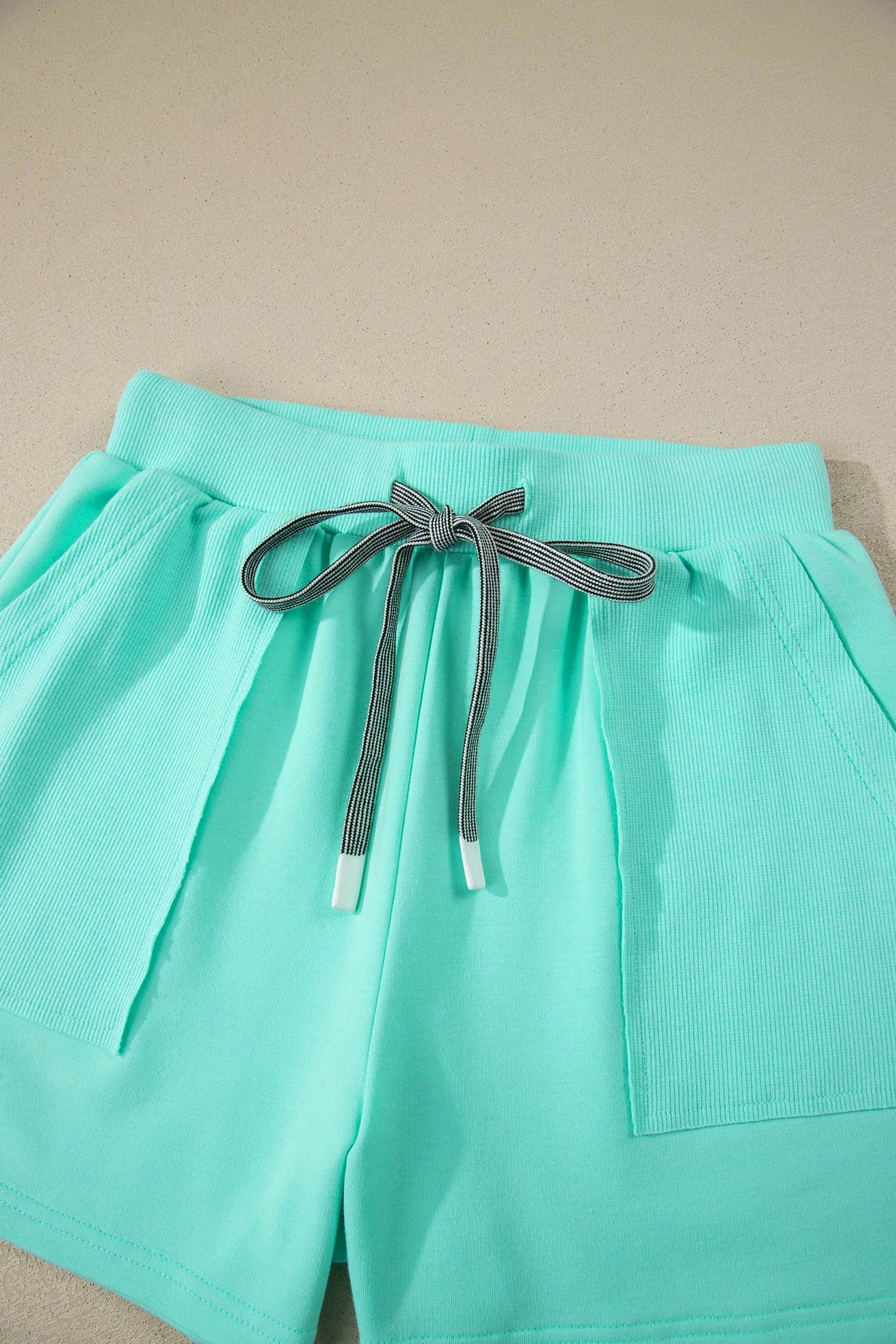 Solid V-Neck Short Sleeve Top & Drawstring Shorts Set