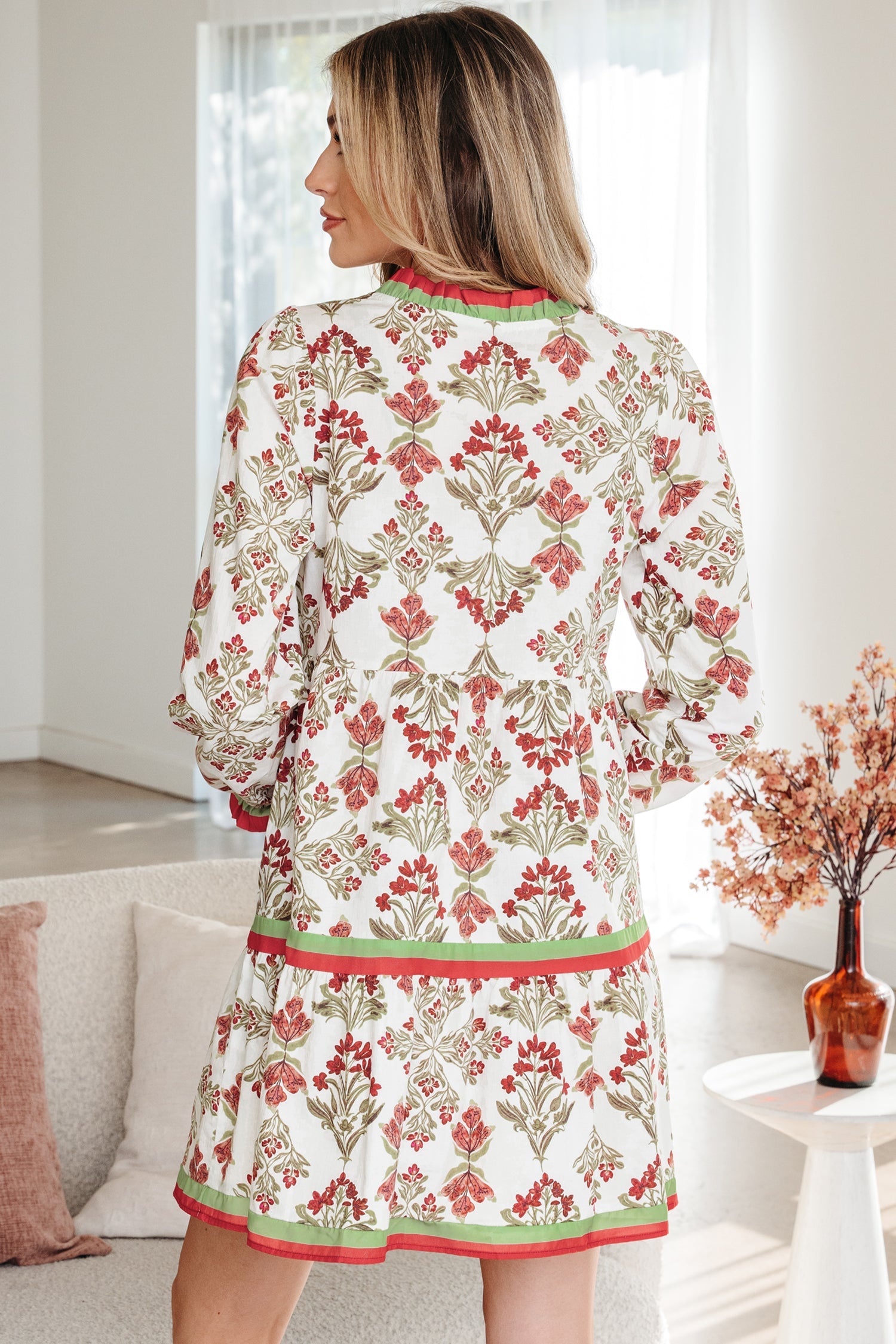 Floral Contrast Trim Frilled Neck Dress