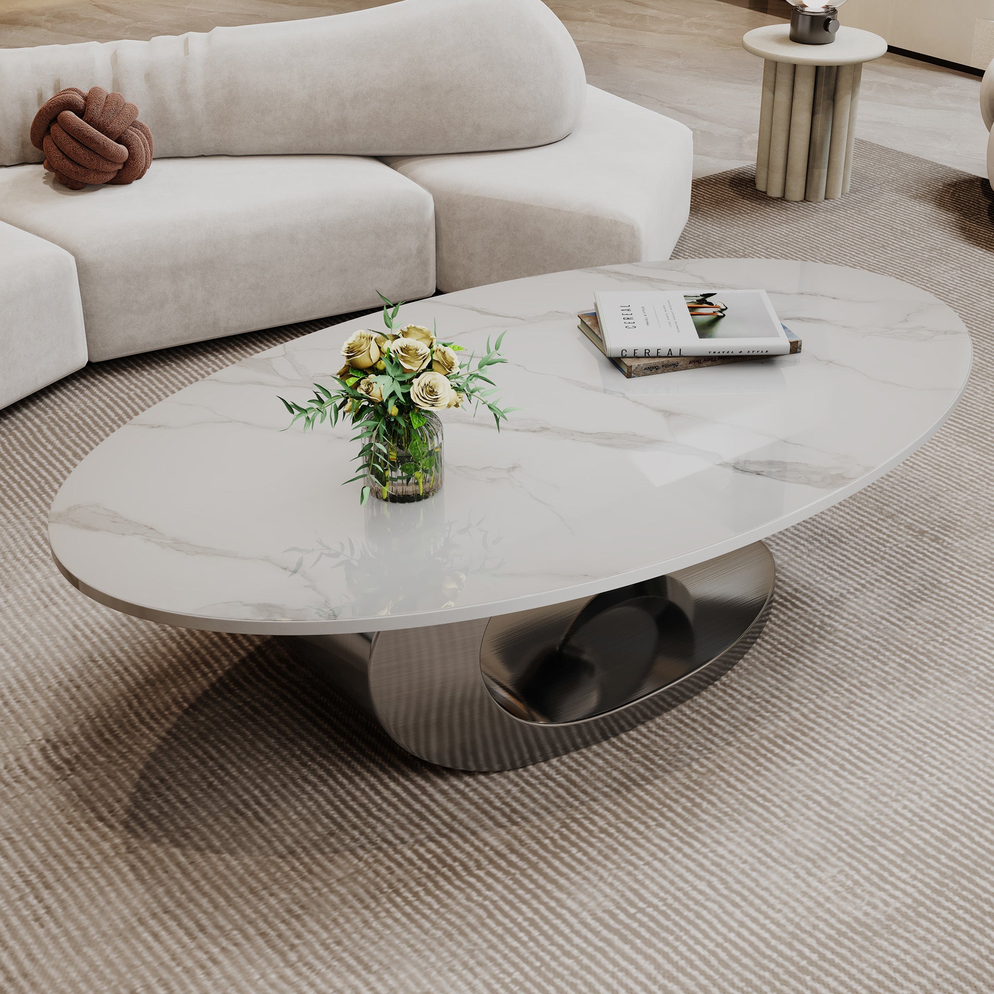 Marble Coffee Table with Sculptural Stainless Steel Base
