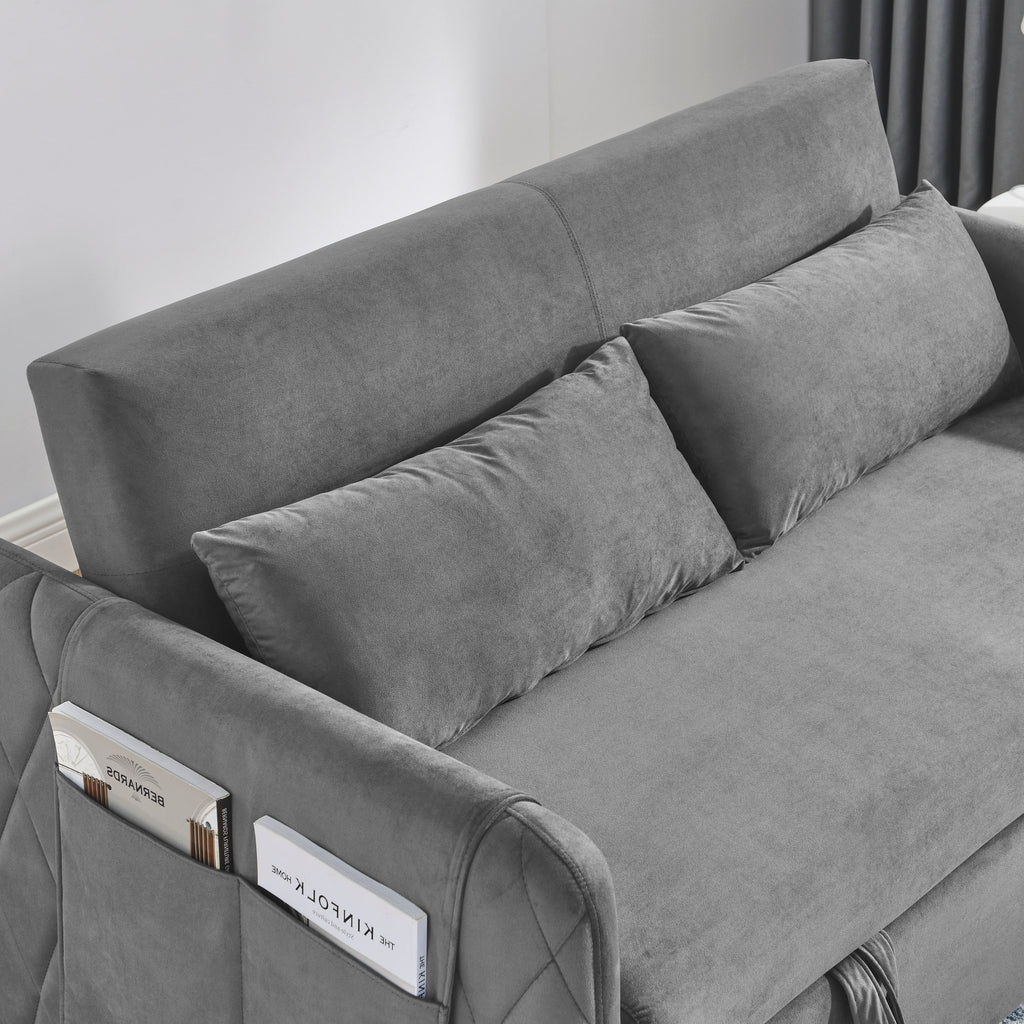 55' Modern Convertible Sofa Bed with 2 Detachable Arm Pockets, Velvet Loveseat Sofa with Pull Out Bed, 2 Pillows and Living Room Adjustable Backrest, Grid Design Armrests