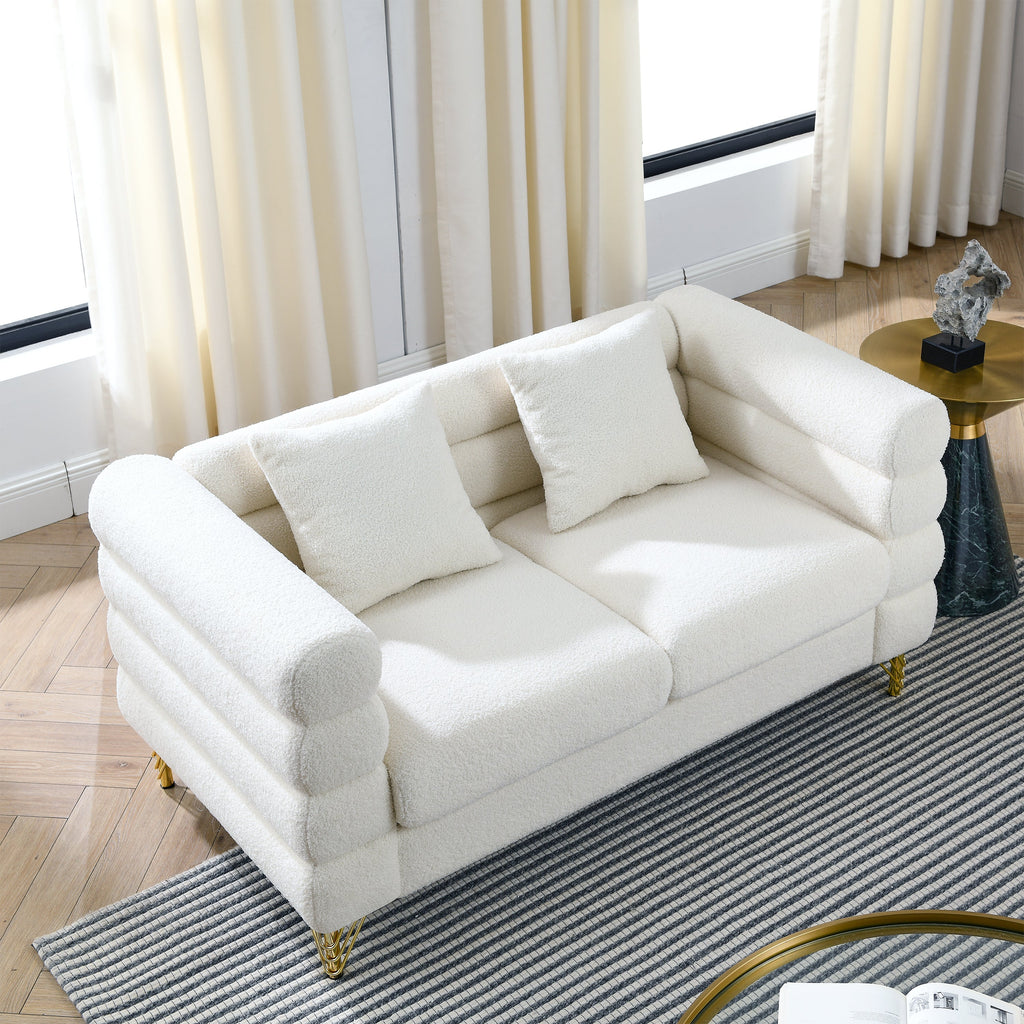 60Inch Oversized 2 Seater Sectional Sofa, Living Room Comfort Fabric Sectional Sofa-Deep Seating Sectional Sofa, Soft Sitting with 2 Pillows for Living Room, Bedroom  White teddy(Ivory)(W834S00029)
