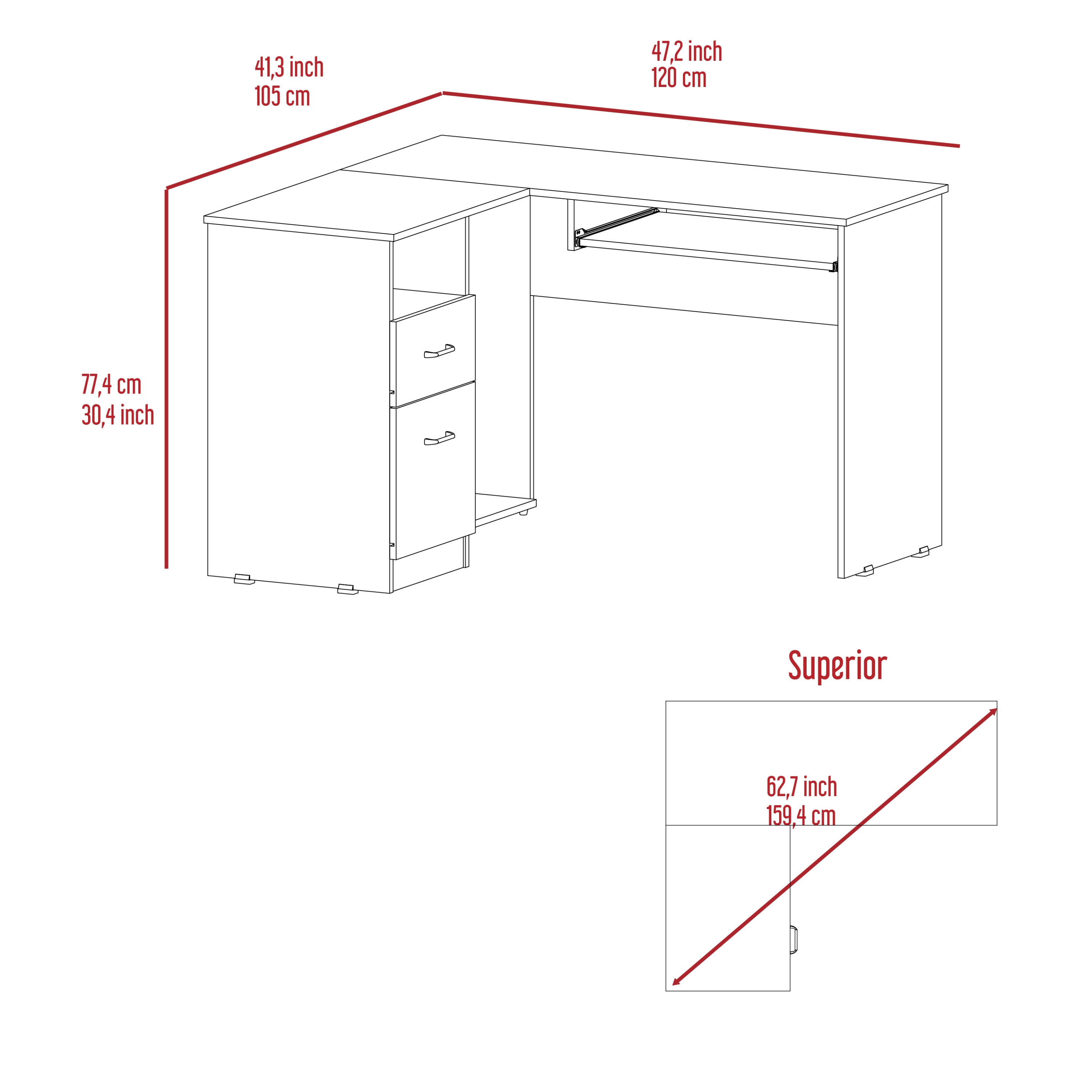 Raleigh L-Shaped Desk, Two Drawers, One Shelf, CPU Storage