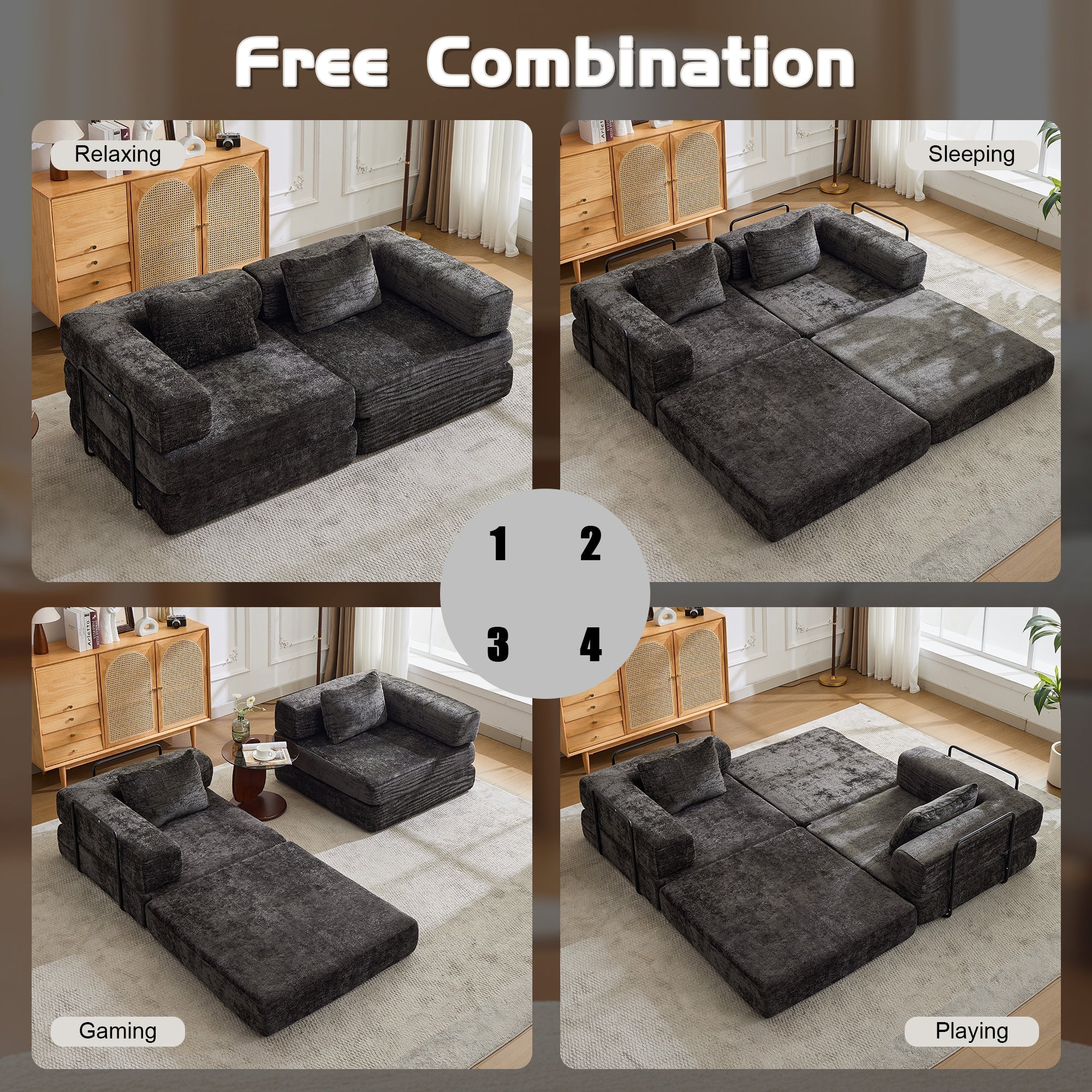 Compression Sofa,Convertible Floor Sofa Bed with Fixed-Shape Frame, Loveseats Boneless Modular Sectional Sofa,No Assembly Required,Chenille fabric,for Living Room Bedroom,Black