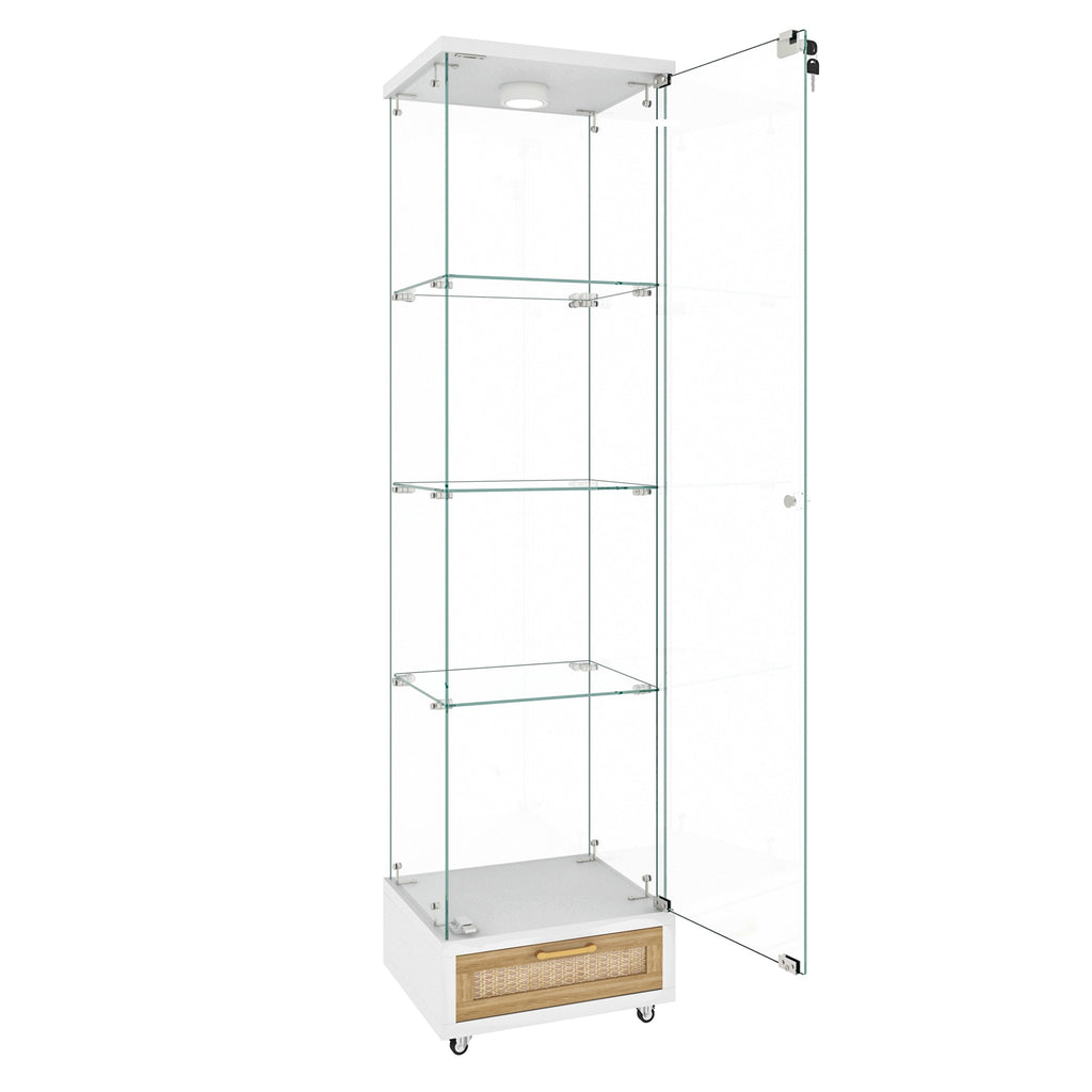 Modern Glass Display Cabinet with Drawer , Quick-assembly Antique Cabinet with LED lights, Tempered Glass Bookshelf,  1-Door Storage Case with 4 Shelves  for Living Room and Bedroom, white and natural
