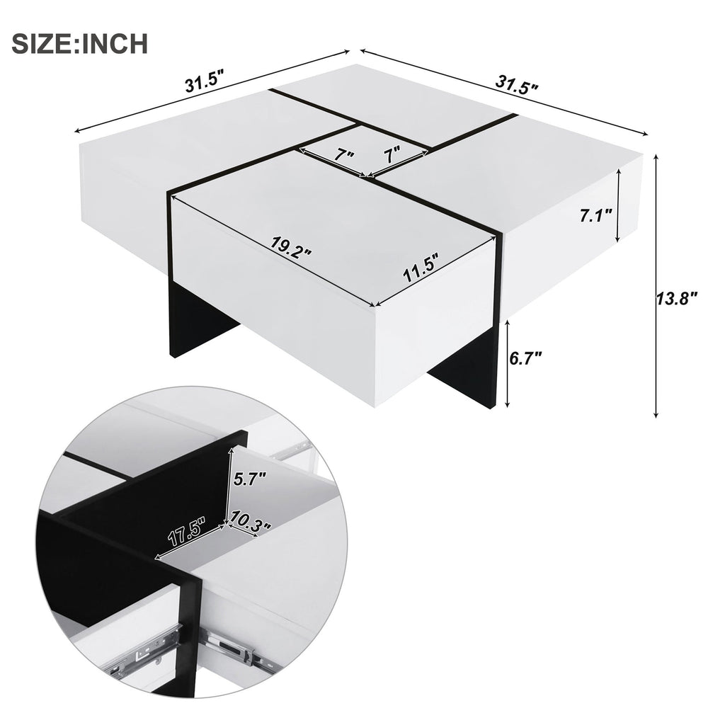 ON-TREND Unique Design Coffee Table with 4 Hidden Storage Compartments, Square Cocktail Table with Extendable Sliding Tabletop, UV High-gloss Design Center Table for Living Room, 31.5'x 31.5'