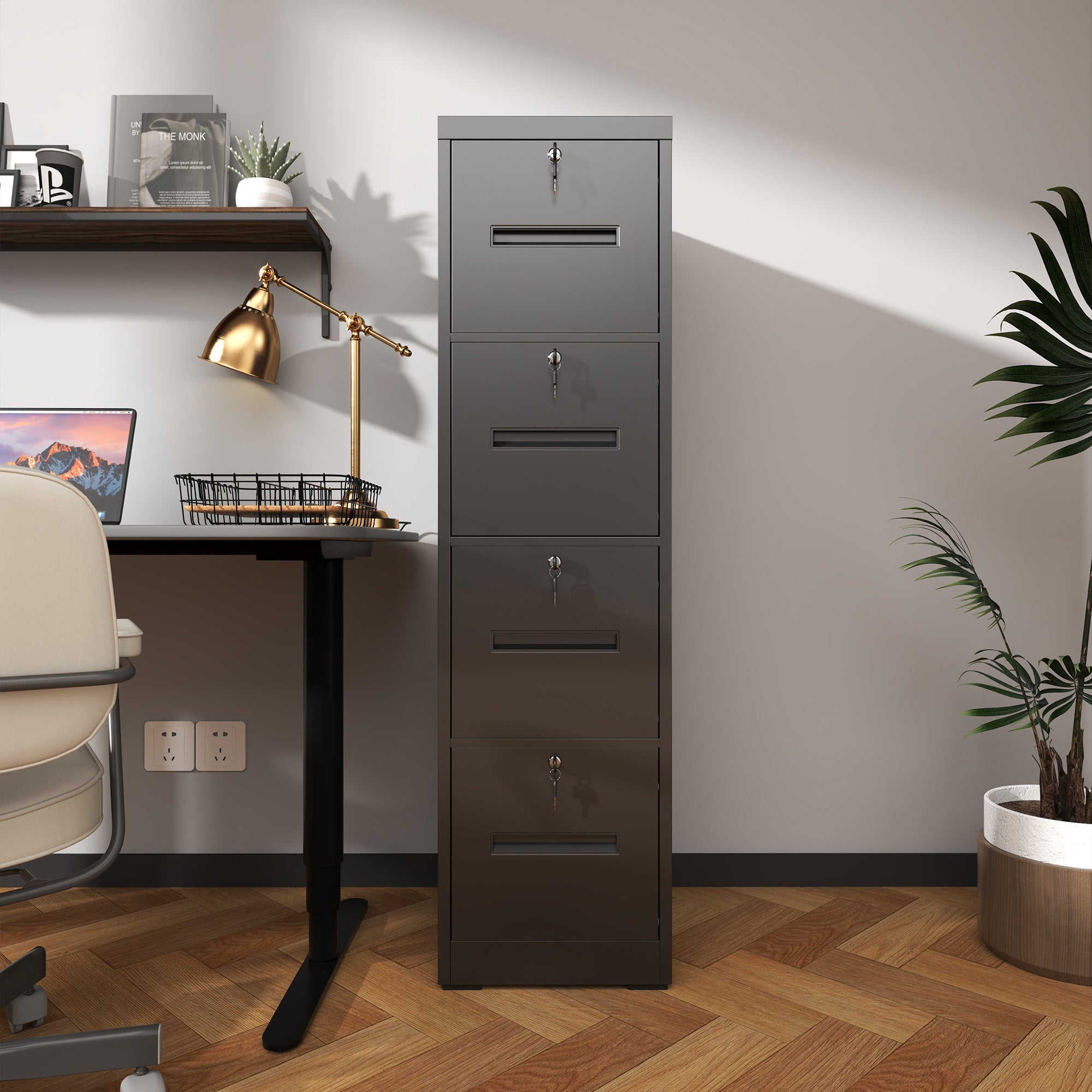 Modern Black 4 Drawer Metal Vertical Filing Cabinets with Lock for Home Office, Steel Construction, Letter/Legal/A4/F4 Size