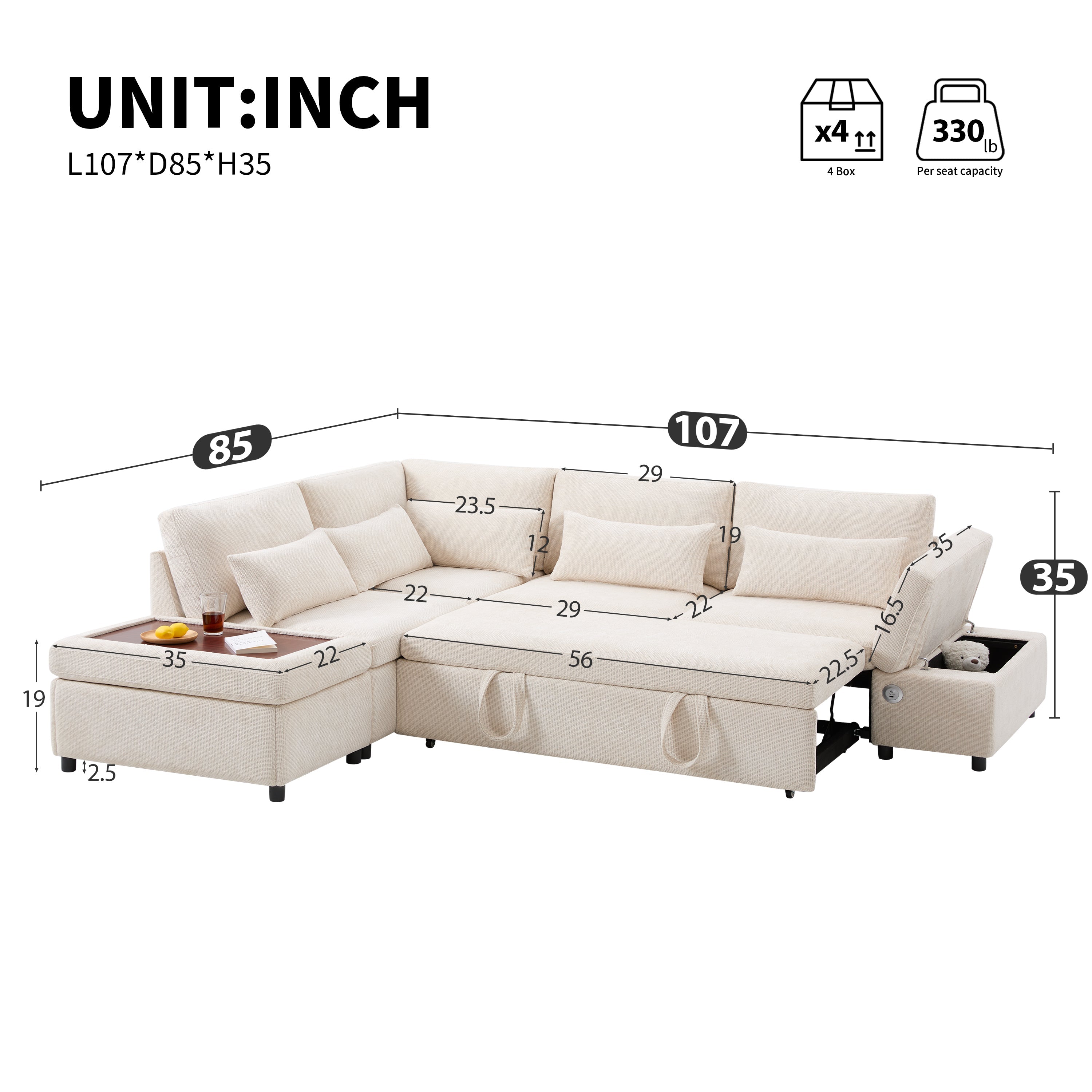 [VIDEO] 107'' Modular Sectional Pull-out Sofa, L shape with Wide Seats, Free Movement Storage Ottoman, Free Combination, Oversize Chenille Sofa for Living Room & Apartment, 2 colors