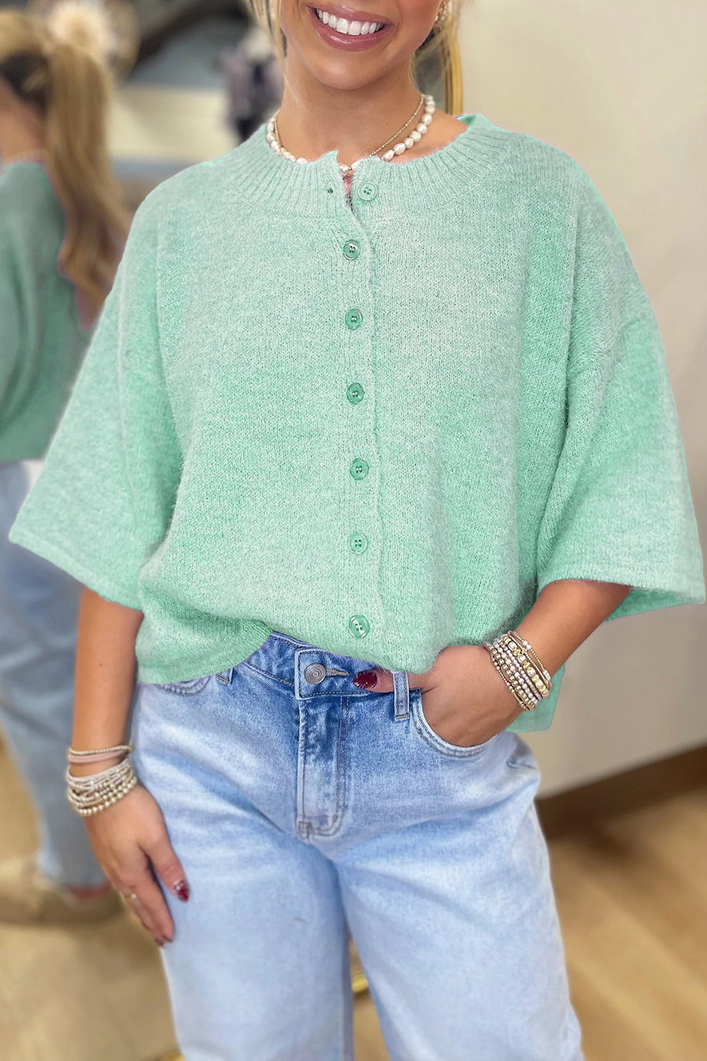 Solid 3/4 Sleeve Boxy Button-Down Cardigan
