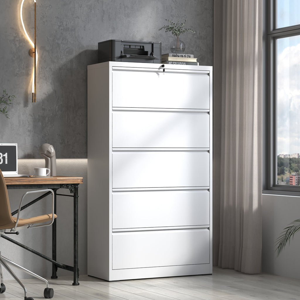 Modern 5-Drawer Steel Lateral File Cabinet with Lock, White Metal Filing Cabinet for Home and Office