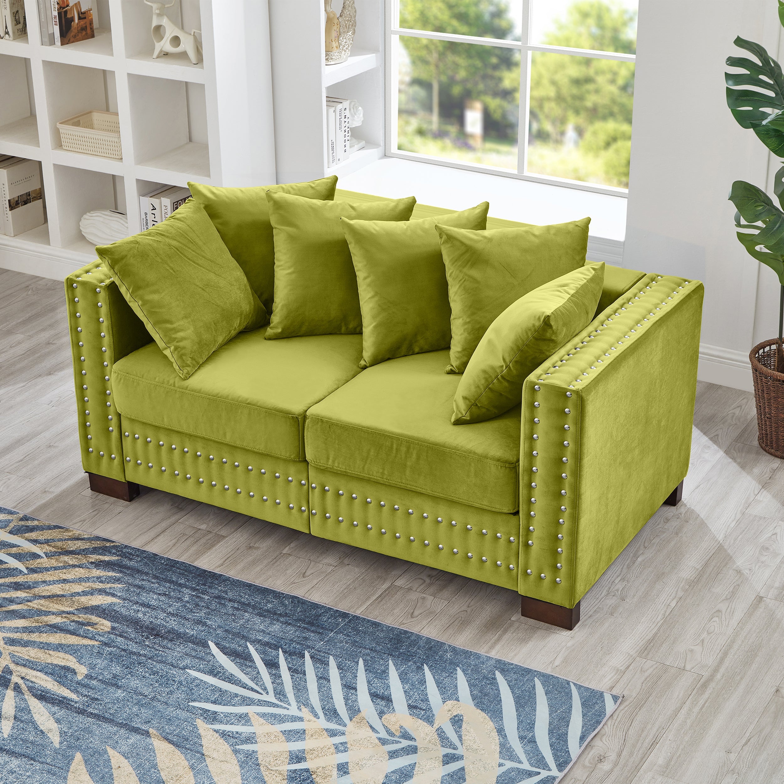 Modern Design Living Room Sofa 2+3 Seater Square armrest with Silver Nails Decoration Upholstered Velvet Couch Green