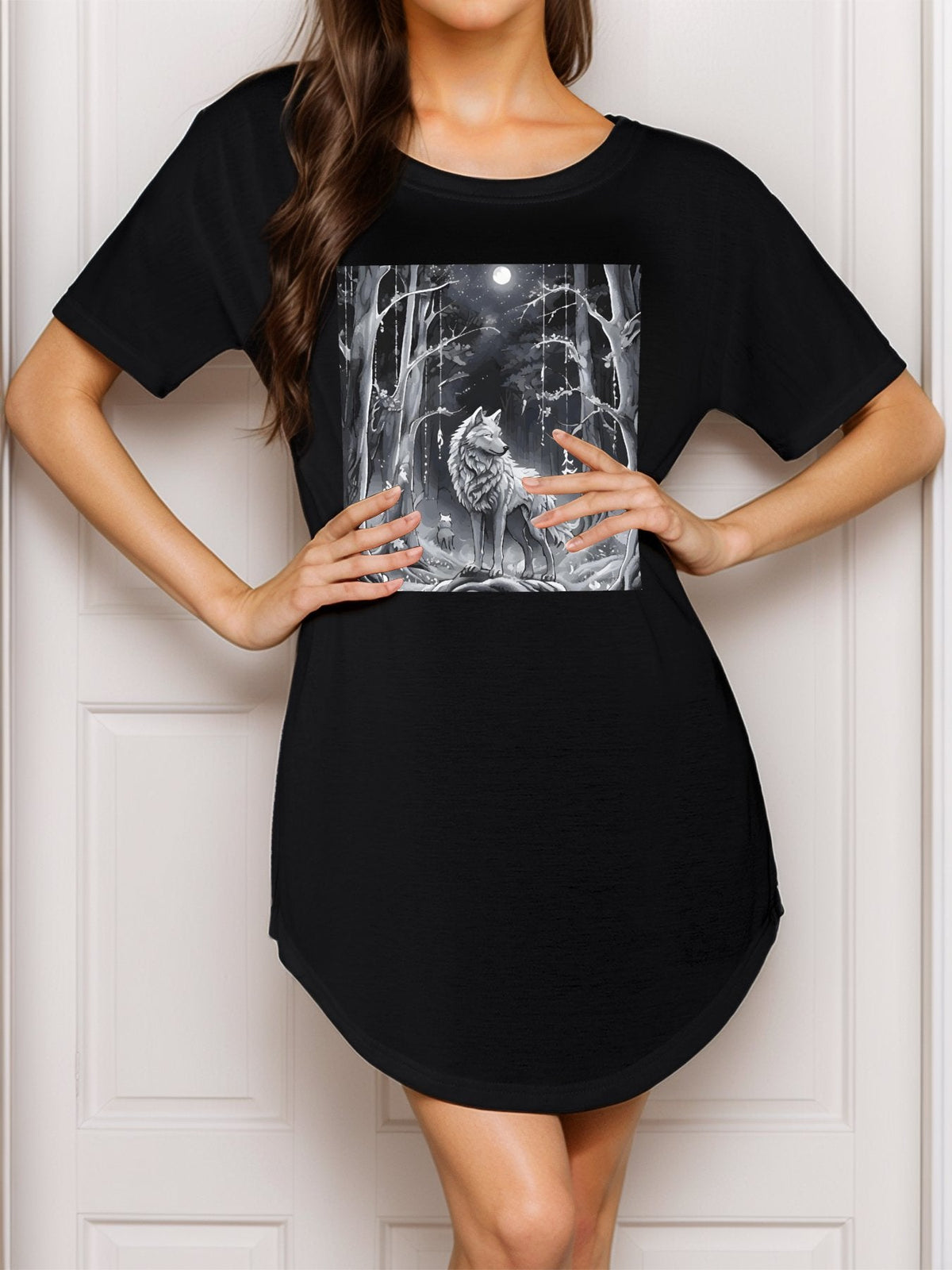 Ethereal Wolf in the Moonlight Casual Summer T-Shirt Dress (Front Printing)