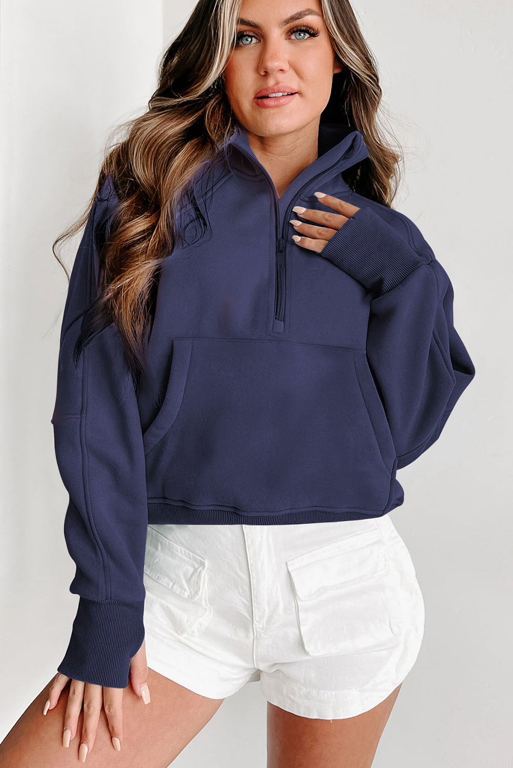 Green Zip Stand Collar Ribbed Thumbhole Sleeve Sweatshirt