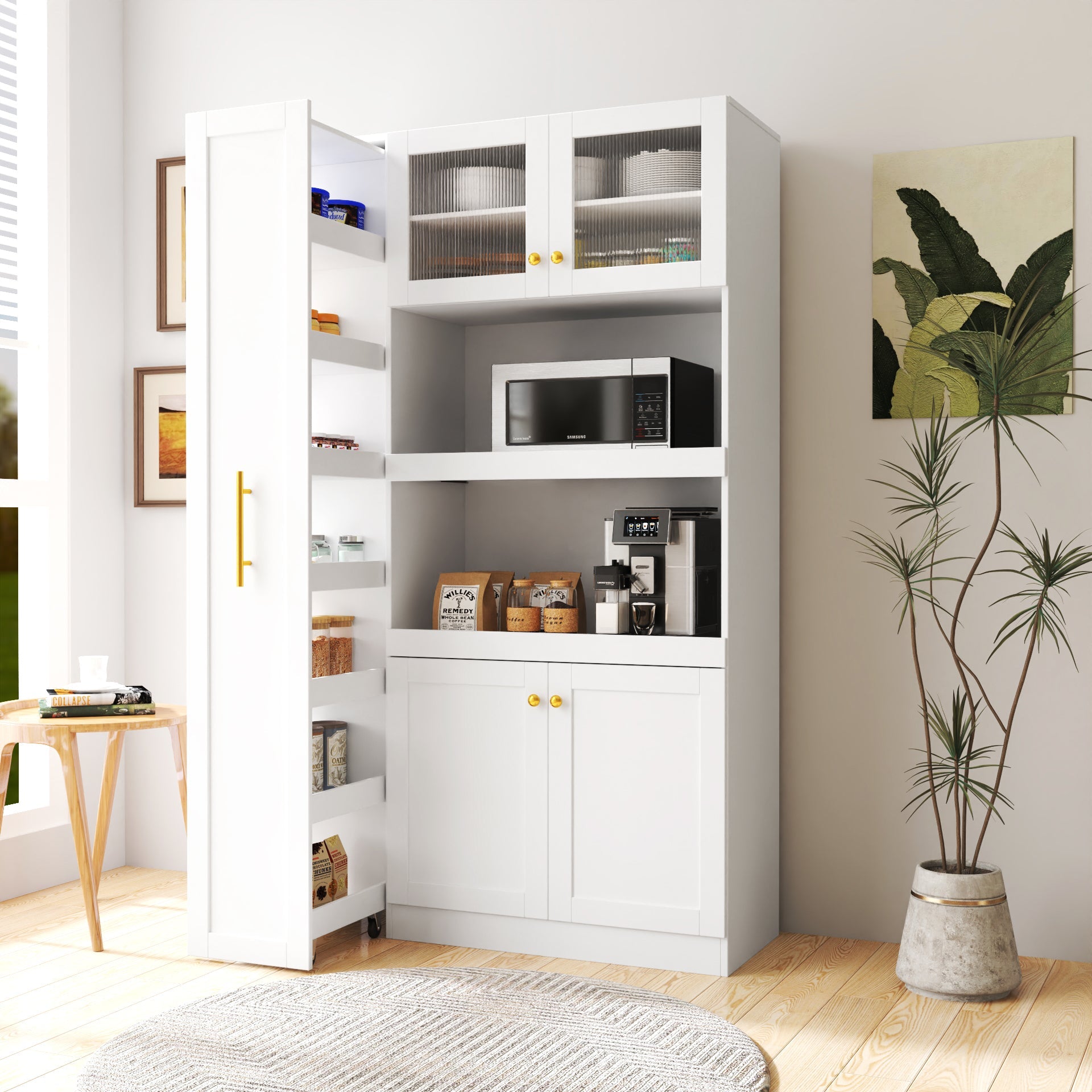 Kitchen pantry cabinet with multi-functional pull-out multi-tier storage shelf,Farmhouse Storage Cabinet with 4 Doors,Pantry Organizers for Kitchen,Dining Room(White)