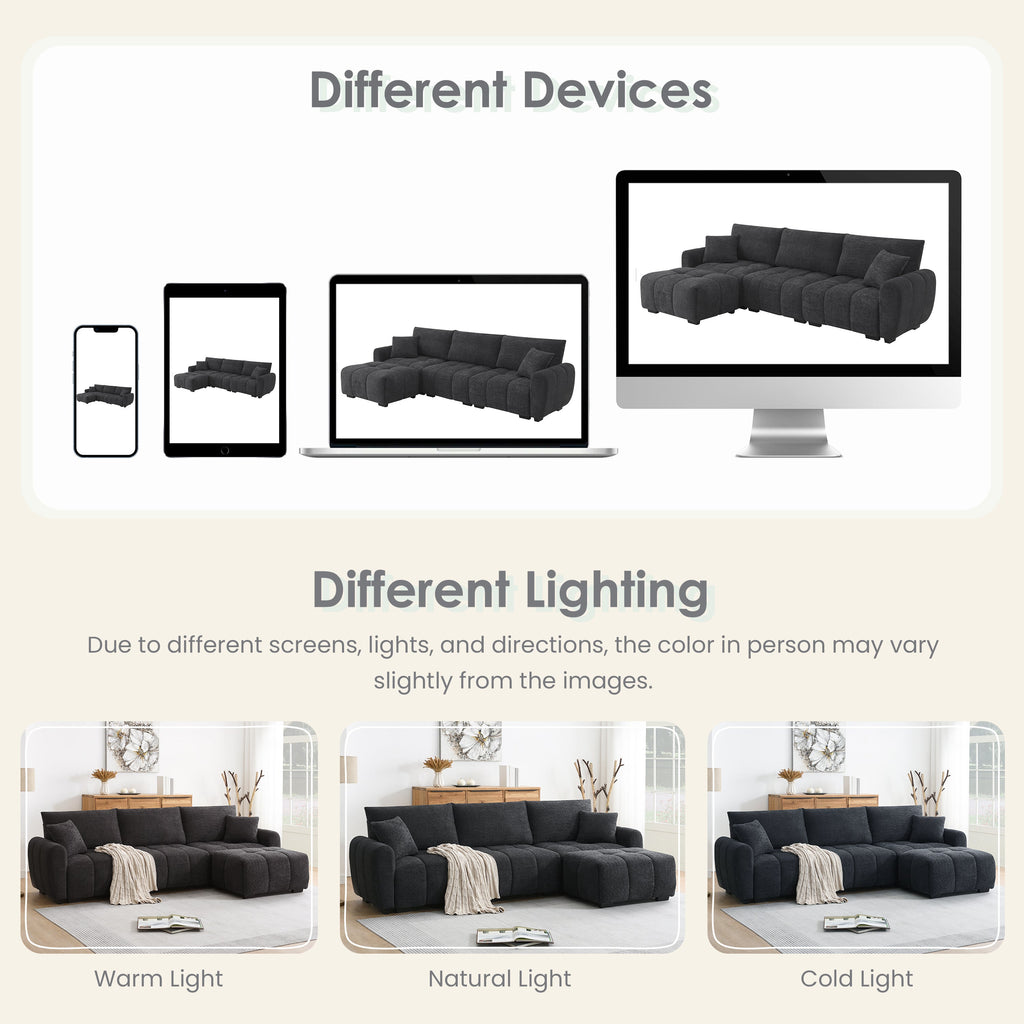 [VIDEO] 110' Modular Sectional Sofa, L Shape with Extra-large Seat, Pull-line Design, Movable Ottoman, High Density Foam, Free Combination, Sturdy Metal&Wood Frame, Boucle Fabric, 3 Colors