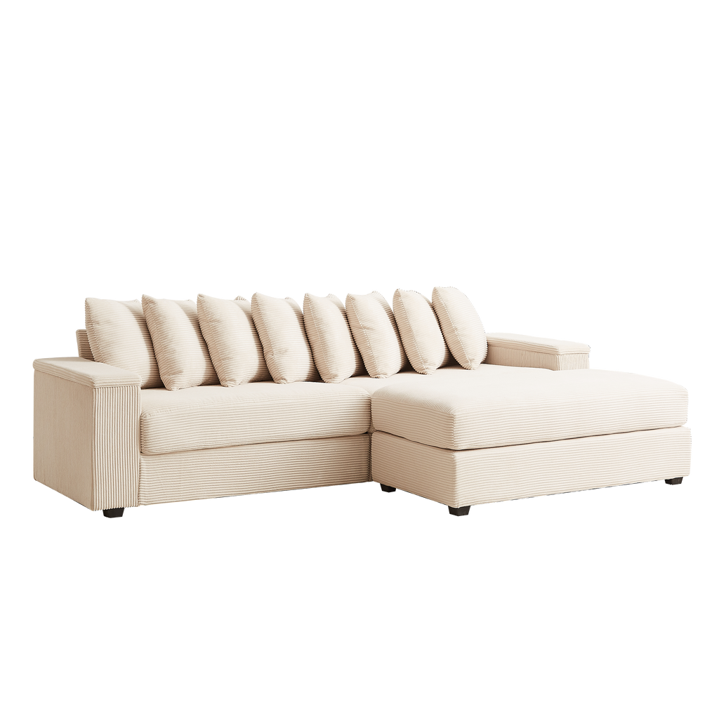 Luxe Oversized L Shaped Sofa with Chaise,Comfy Corduroy L Shaped Sectional Couches with 8 Pillows and Two Armrest storage space,Soft Fluffy Upholstered Sofa Bed for Living Room Apartment Bedroom