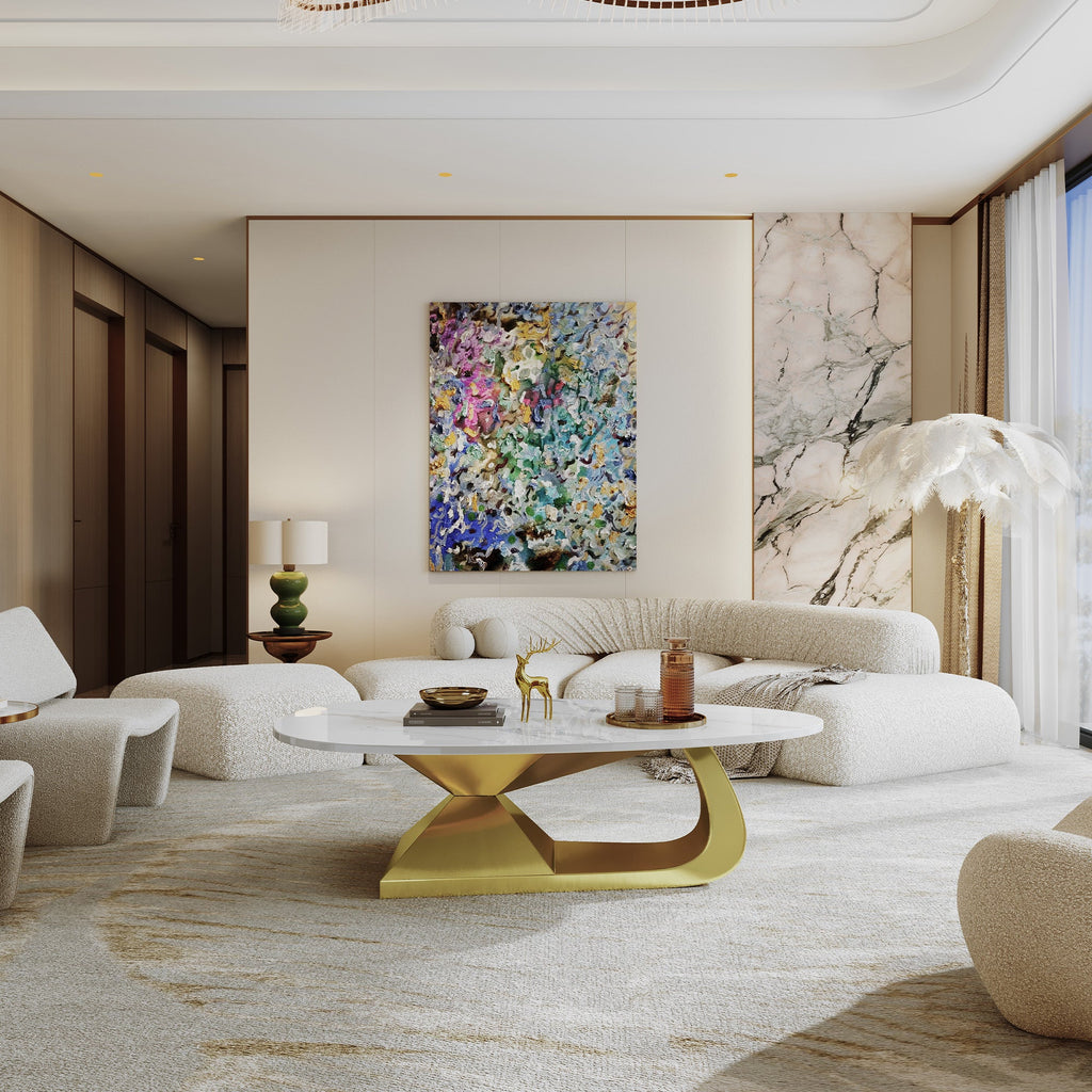 Modern Sintered Stone Tabletop Coffee Table with Stainless Steel Base - Elegant and Durable Living Room Centerpiece