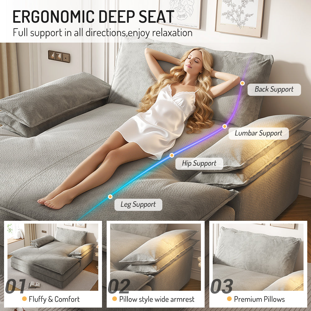 Modern Oversized Double Chaise Lounge Chair,Deep Seat Upholstered Reading Chair with Detachable Design,Chenille Lazy Sofa w/ Large Pillows & Wide Armrests,Suitable for Living Rooms, Apartments,Grey