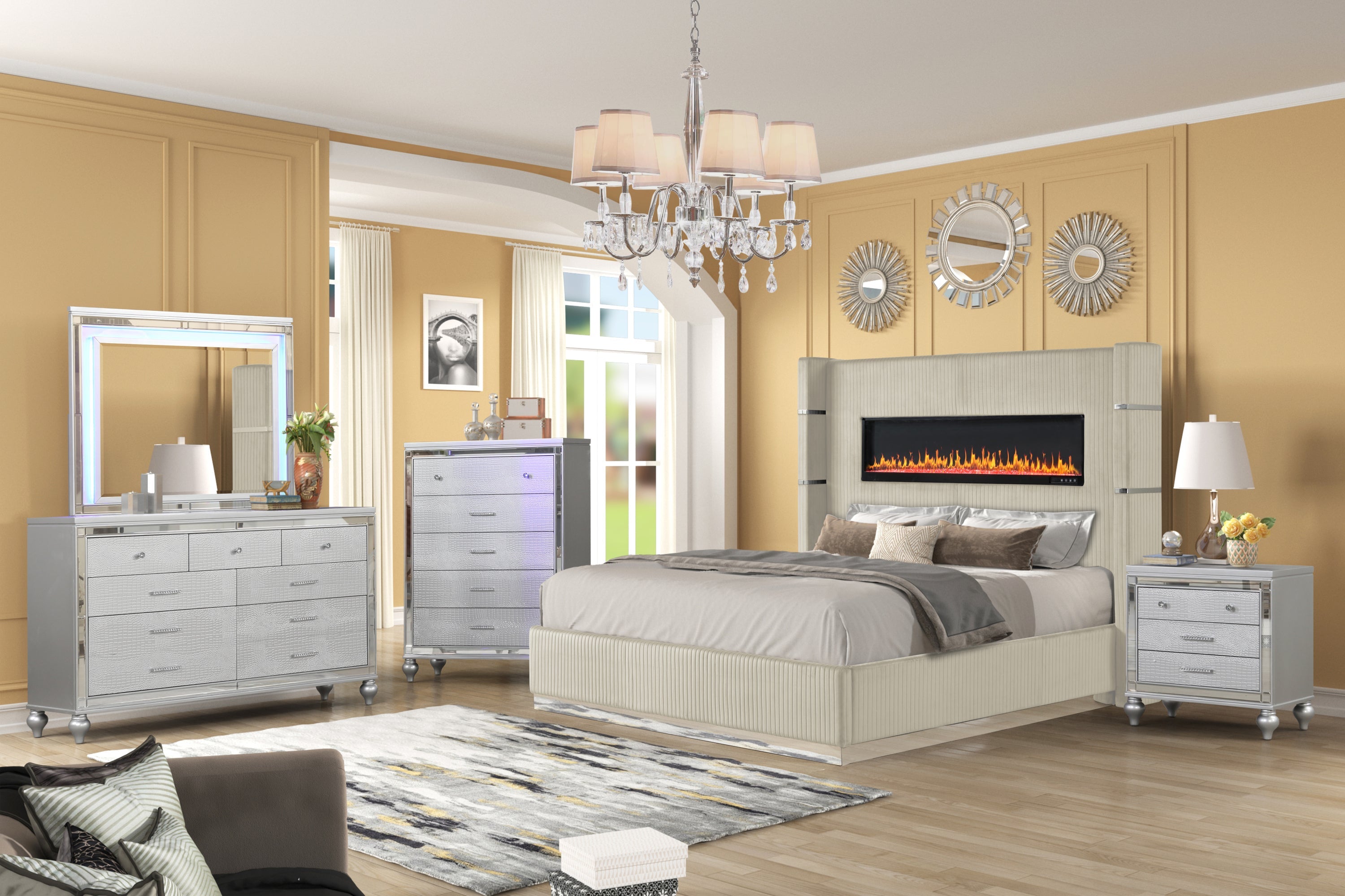 LIZZELLE Upholstery Wooden King 5 PC Bedroom set with Ambient lighting in Beige Velvet Finish(NJ INVENTORY)