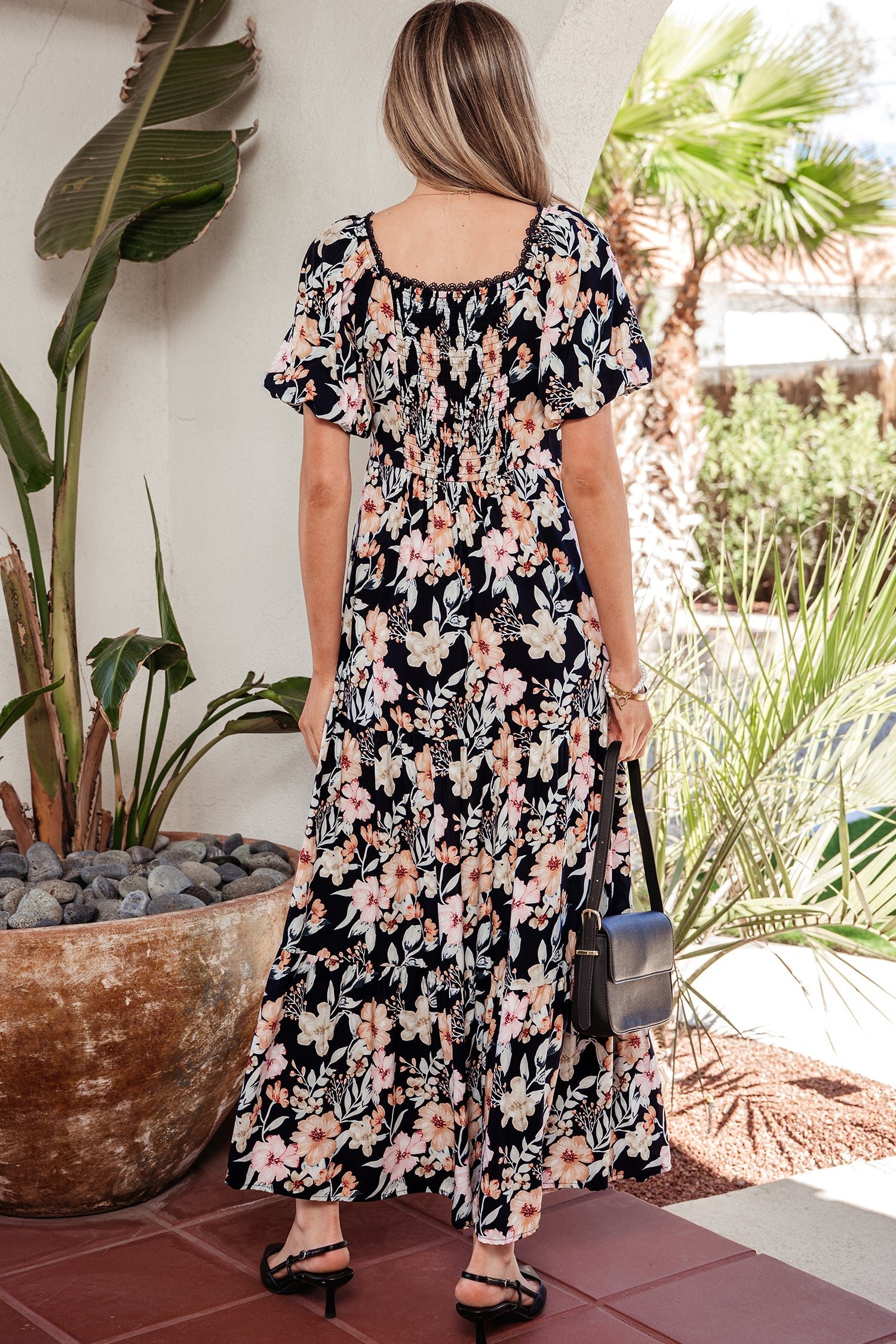 Floral Short Sleeve Smocked High Waist Maxi Dress