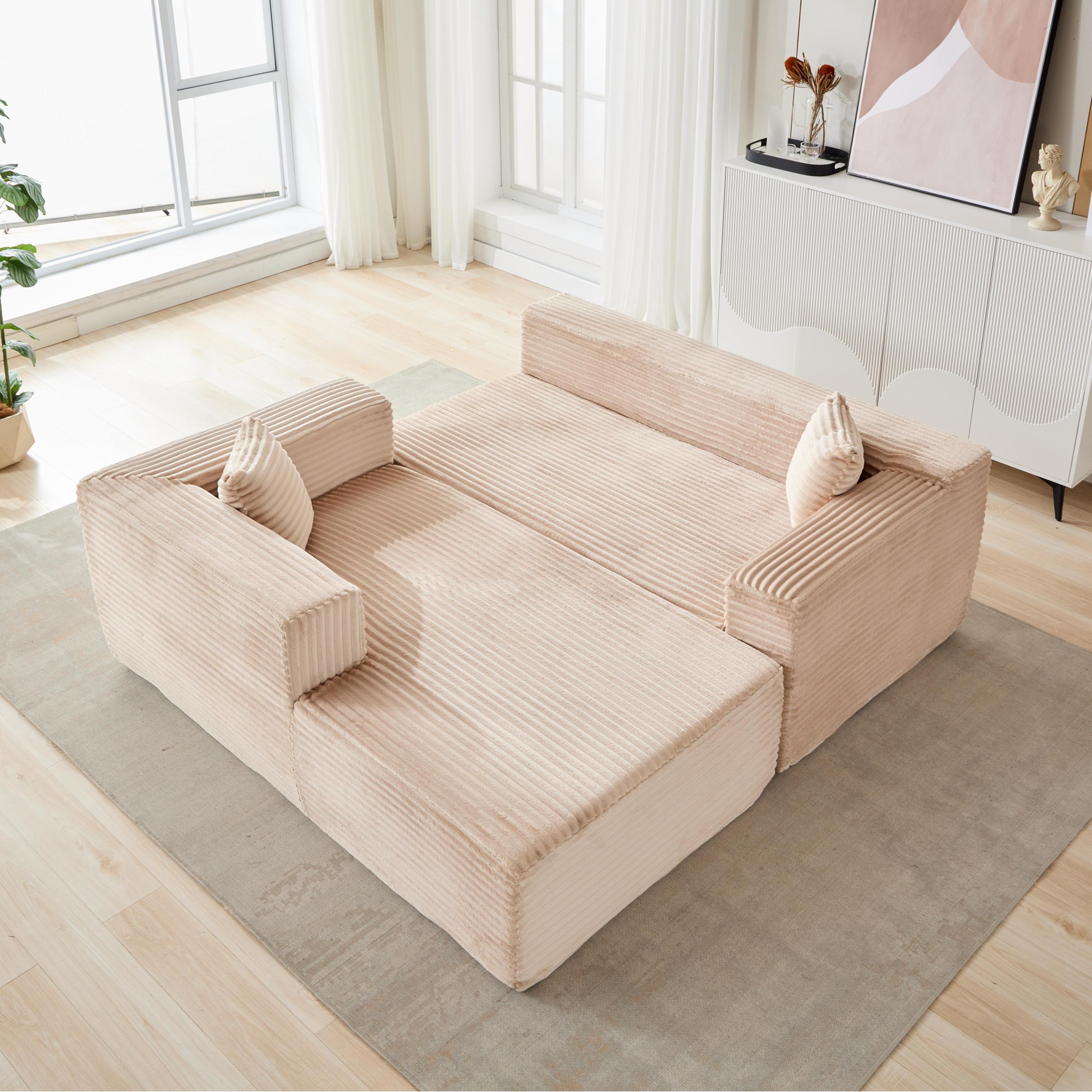 Compression Sectional Couch with Comfy Chaise, Boneless L Shape Sofa with Deep Seat, Minimalist Modular Couches Sleeper for Living Room Bedroom Apartment Lounge,corduroy,Beige