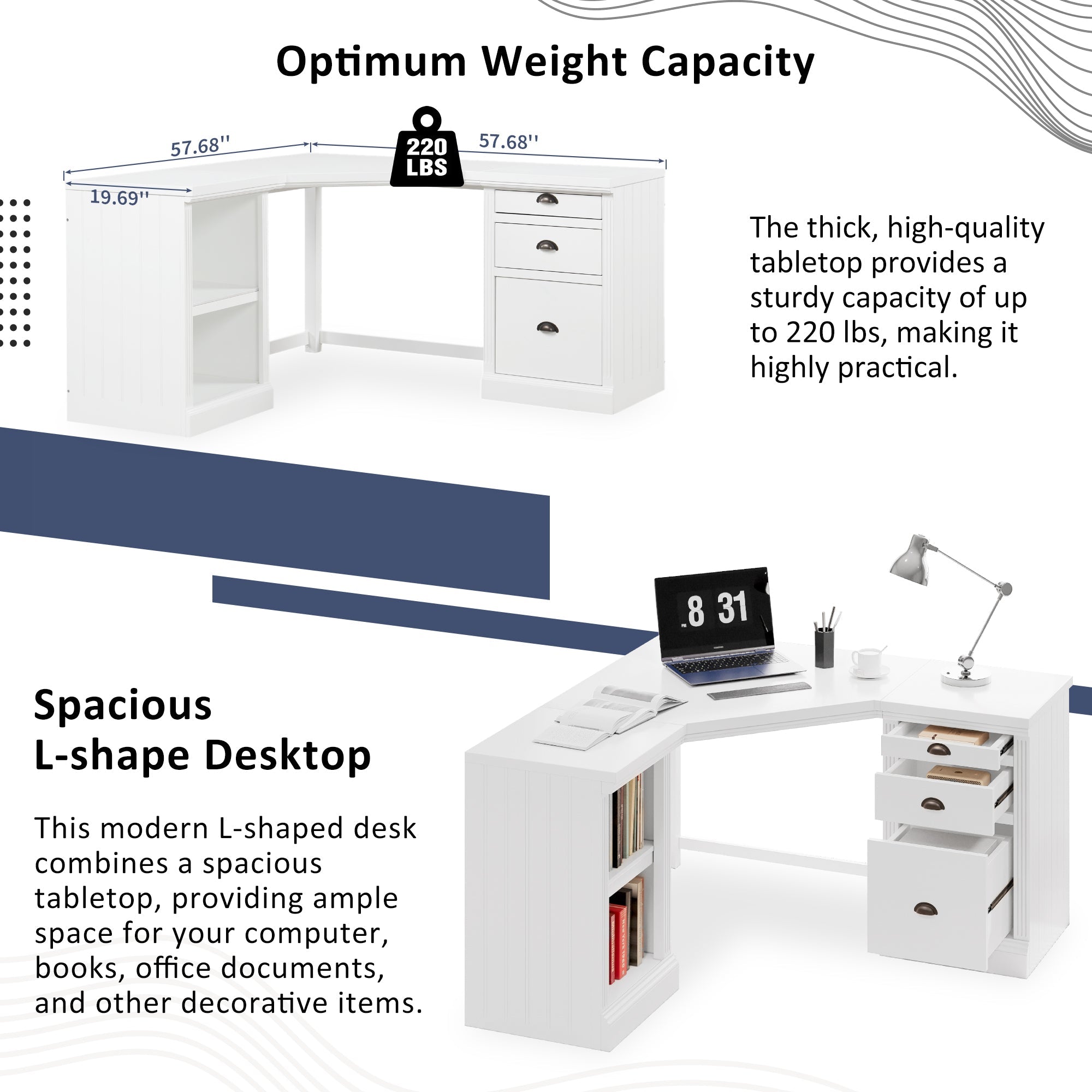 57.68' Modern L Shaped Executive Desk with 2 Storage Cabinets and 3 Drawers,Corner Writing Desk,Office Desk Furniture,Computer Desks with Depth Workstation for Home Office,Living room,White