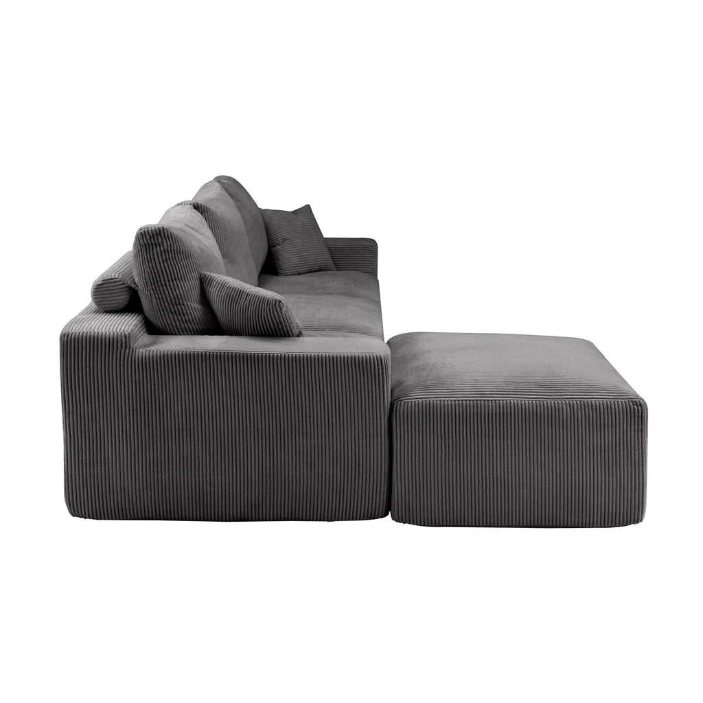 '110' L-Shaped Sectional Sofa, Full-Compression 3-Seater Cloud Couch with Chaise, No Assembly Required Sofa for Living Room, Ultra-Soft Deep Seat Modular Sofa(Corduroy, Grey)