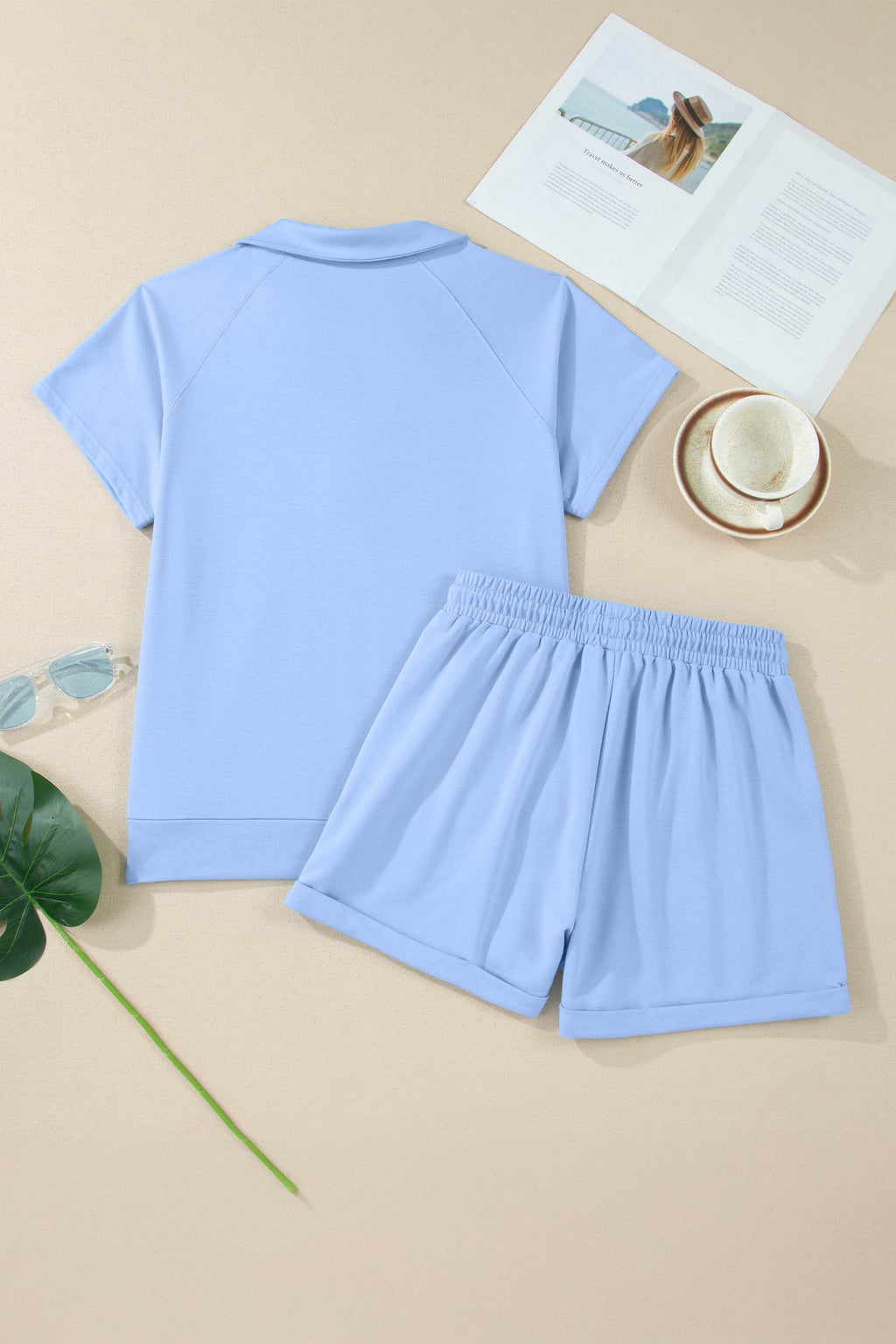 Solid Collared V-Neck Tee & Drawstring Shorts Set
