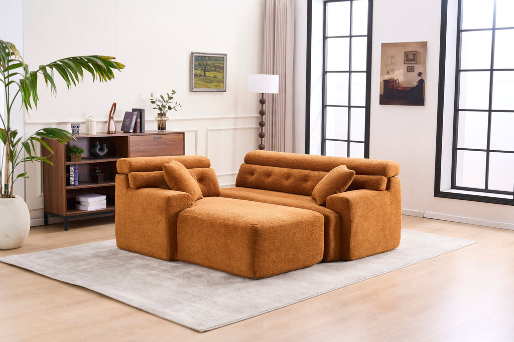 LY-029B Convertible Chaise Sectional Sofa, Full Compression Sponge Modular Couch for Apartment Living Room,Orange 3-Seater with Wood Grain Chenille, 2 Pillows Included, 86'L