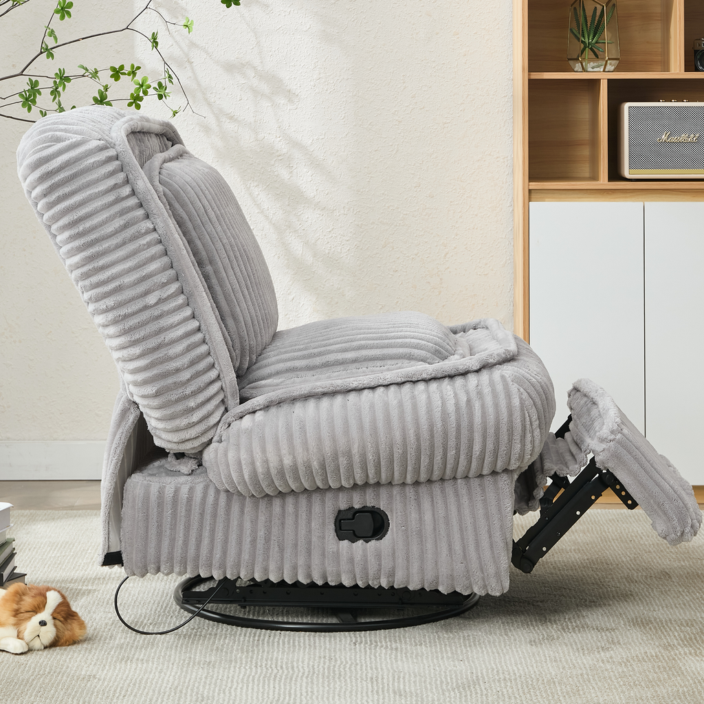 [NEW ARRIVED] 360° Swivel Rocking Single Sofa,Recliner Sofa, Manual Glider Rocking Armless Chair,Living Room Office, With Adjustable Backrest and Footrest and pillows, Small Spaces,Corduroy , Gray