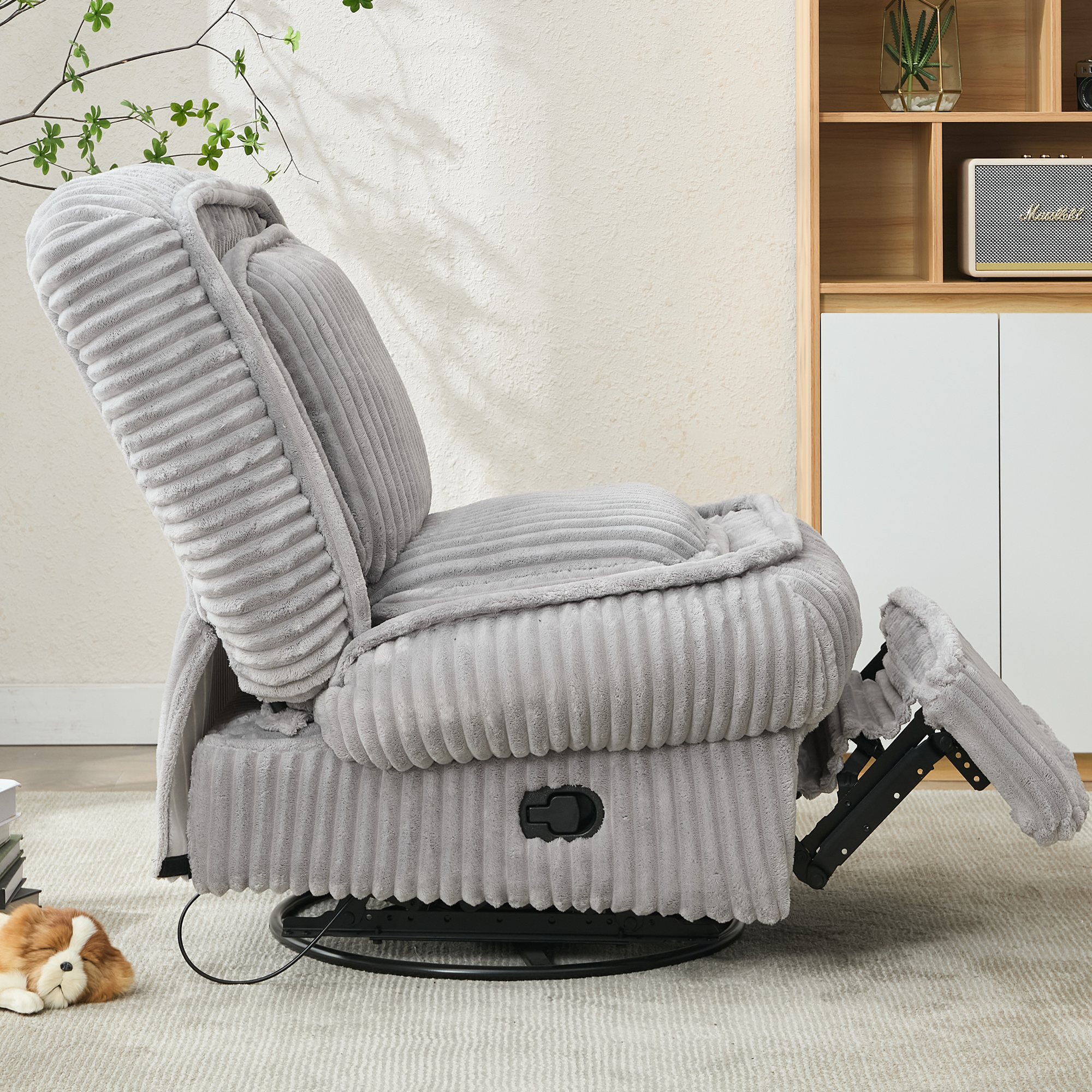 [NEW ARRIVED] 360° Swivel Rocking Single Sofa,Recliner Sofa, Manual Glider Rocking Armless Chair,Living Room Office, With Adjustable Backrest and Footrest and pillows, Small Spaces,Corduroy , Gray