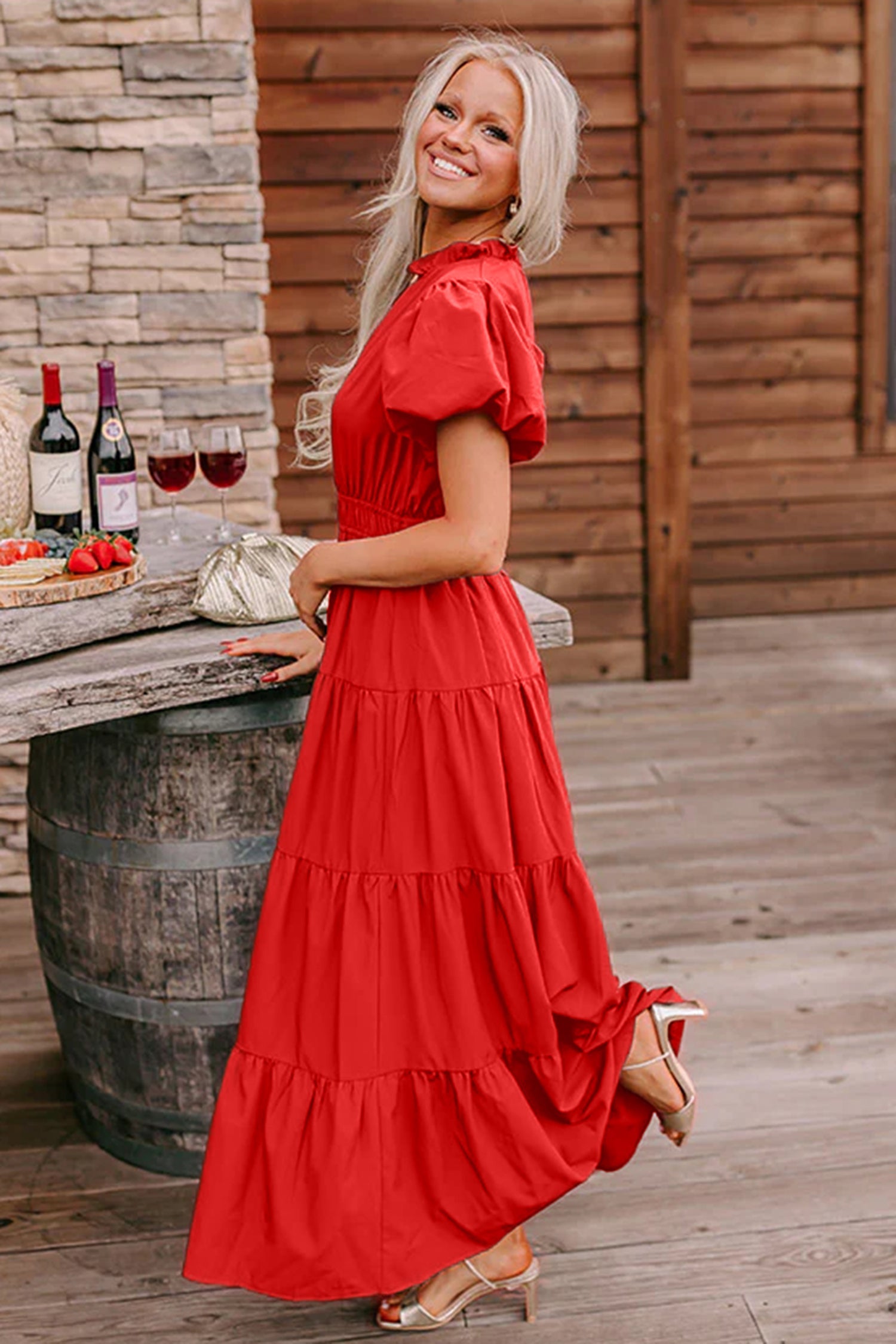 Solid V-Neck Short Puff Sleeve Tiered Maxi Dress